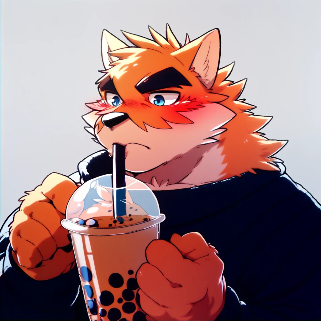 score_9_up, score_8_up, score_7_up, source_furry, takemoto_arashi-otake, furry male, solo, 1boy, orange fur, muscular, blue eyes, blush, black sweater, upper body, simple background, holding, bubble tea, park,