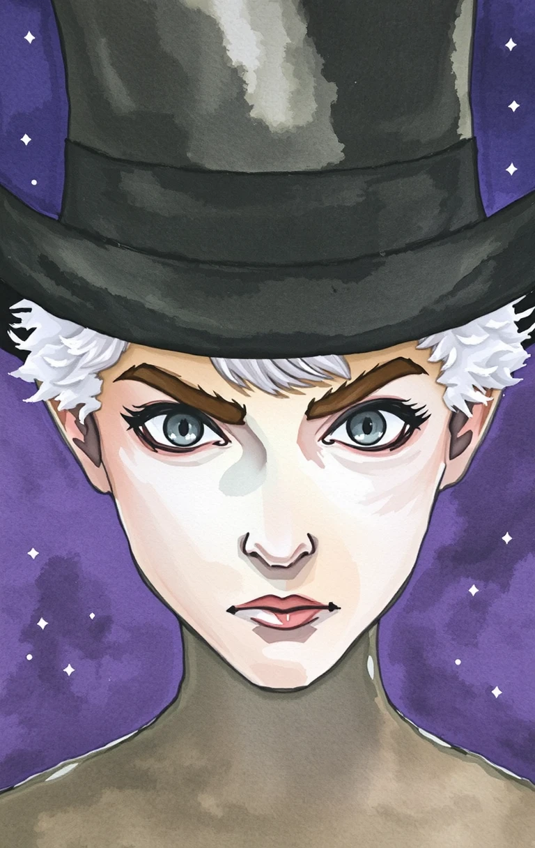 watercolor painting is a close-up portrait of a young man's face. He has white curly hair and is wearing a black top hat with a wide brim. His eyes are wide open and his eyebrows are furrowed. He is looking directly at the camera with a serious expression. The background is a dark purple with small white stars scattered across it. The overall mood of the image is dark and mysterious.