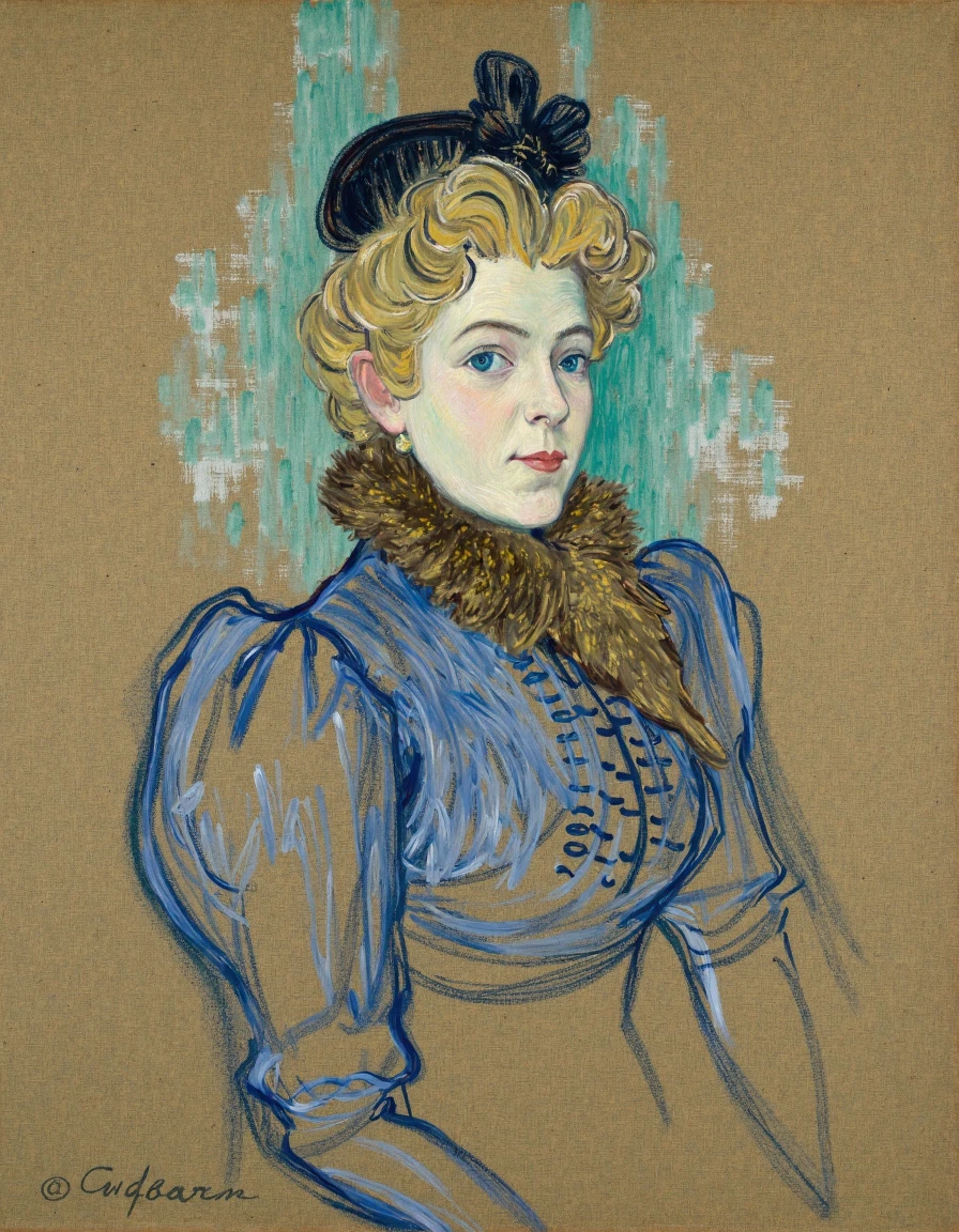 The art by Ltrc depicts a portrait of a woman. She has a fair complexion curly blonde hair adorned with a black hat and blue eyes. The woman is wearing a blue blouse with intricate details and a brown fur collar. The background is a mix of turquoise and blue with brush strokes that give a sense of depth and movement. The portrait captures the woman in a side profile with her gaze directed forward exuding an air of elegance and contemplation.