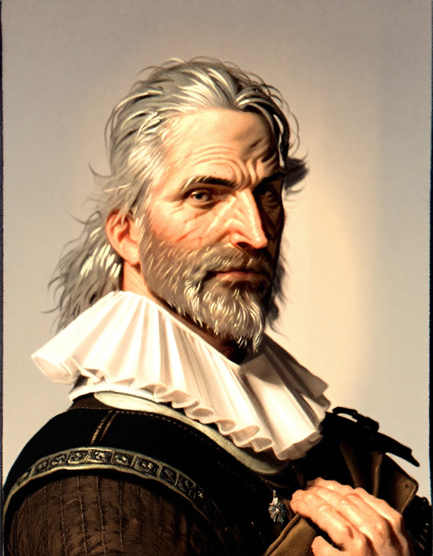 <lora:frans-hals_pony_v3:1>  'Portrait of Geralt of Rivia ' by Hals Frans in 1633, portrait \(genre\), Baroque \(style\), male-portraits, Gentleman, Chin, gray hair, the witcher, Stable_Yogis_PDXL_Positives, score_9, score_6_up, score_7_up