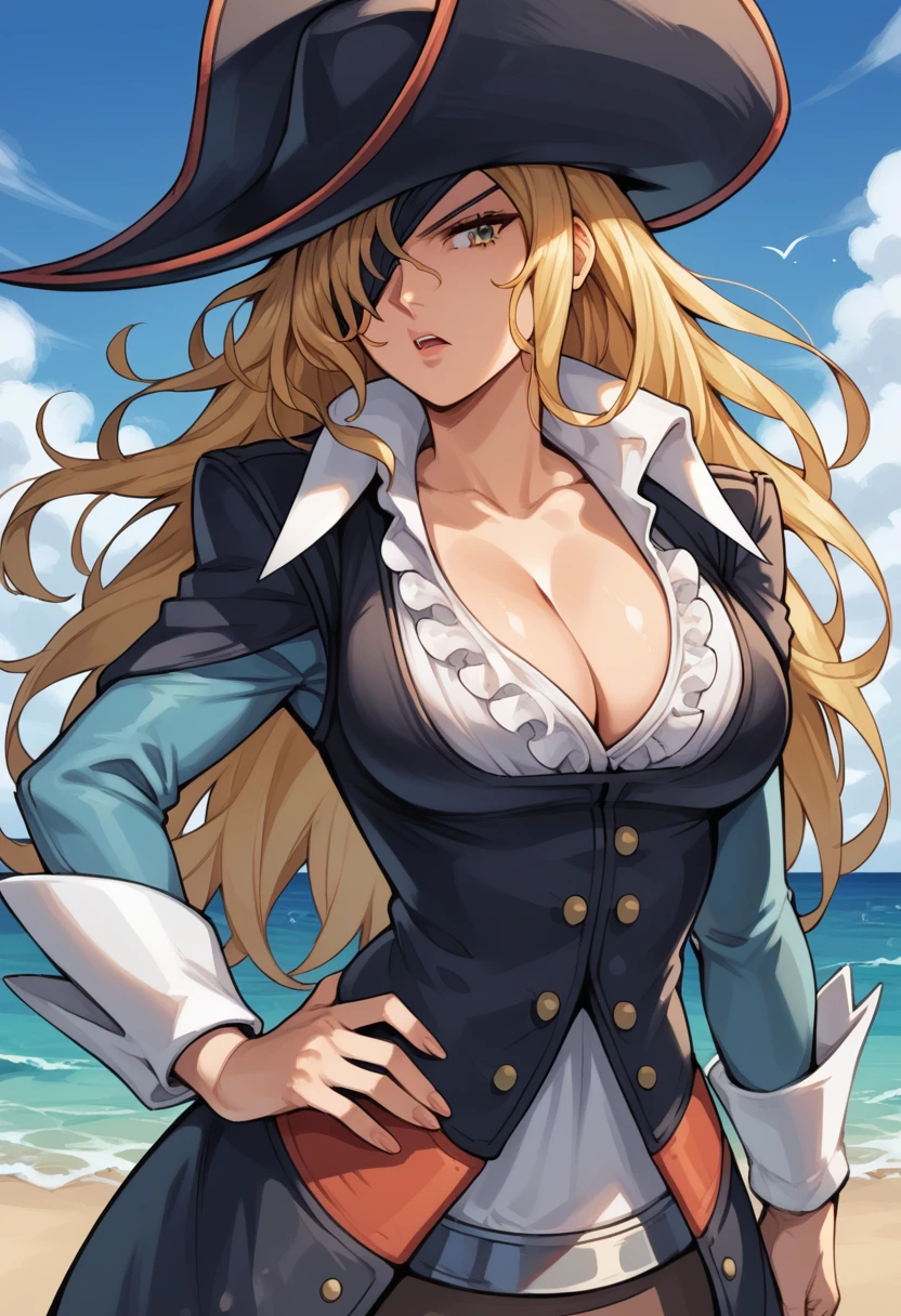 score_9, score_8_up, score_7_up,  source_anime,  BREAK,  ,  <lora:RubyMVC2:0.9>,   RubyMVC2, long hair, blonde hair, pirate hat, eyepatch, coat, cleavage, frilled shirt collar, wrist cuffs, puffy pants,  breasts, annoyed, open mouth, sky, hand on own hip, looking at viewer, upper body, sea,