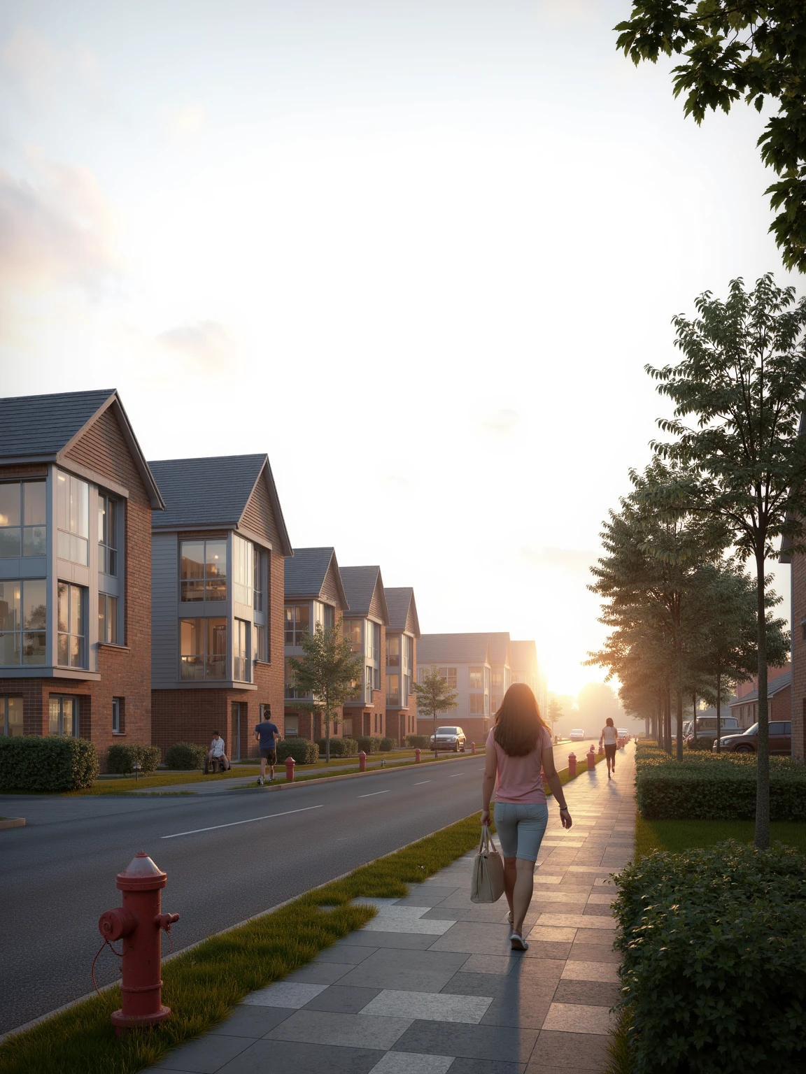 a serene residential scene, set in the early hours of the morning. The sun is just beginning to rise, casting a warm glow over the neighborhood. A row of modern houses, characterized by their gabled roofs and large windows, line the street. Each house is constructed with a combination of brick and wood, giving them a rustic yet contemporary look.
A woman, dressed in casual attire, walks leisurely down the sidewalk, her figure silhouetted against the brightening sky. Her path takes her past a red fire hydrant, a common sight on city streets. Further along, another person can be seen jogging, adding a sense of life and movement to the tranquil setting.
The street itself is lined with lush greenery, including trees and bushes, providing a natural border to the urban landscape. The precise location of these elements creates a harmonious balance within the frame, reflecting the careful planning that goes into such residential designs.
Overall, the video presents a peaceful moment in a suburban neighborhood, where architecture and nature coexist, and daily routines unfold under the soft light of dawn.