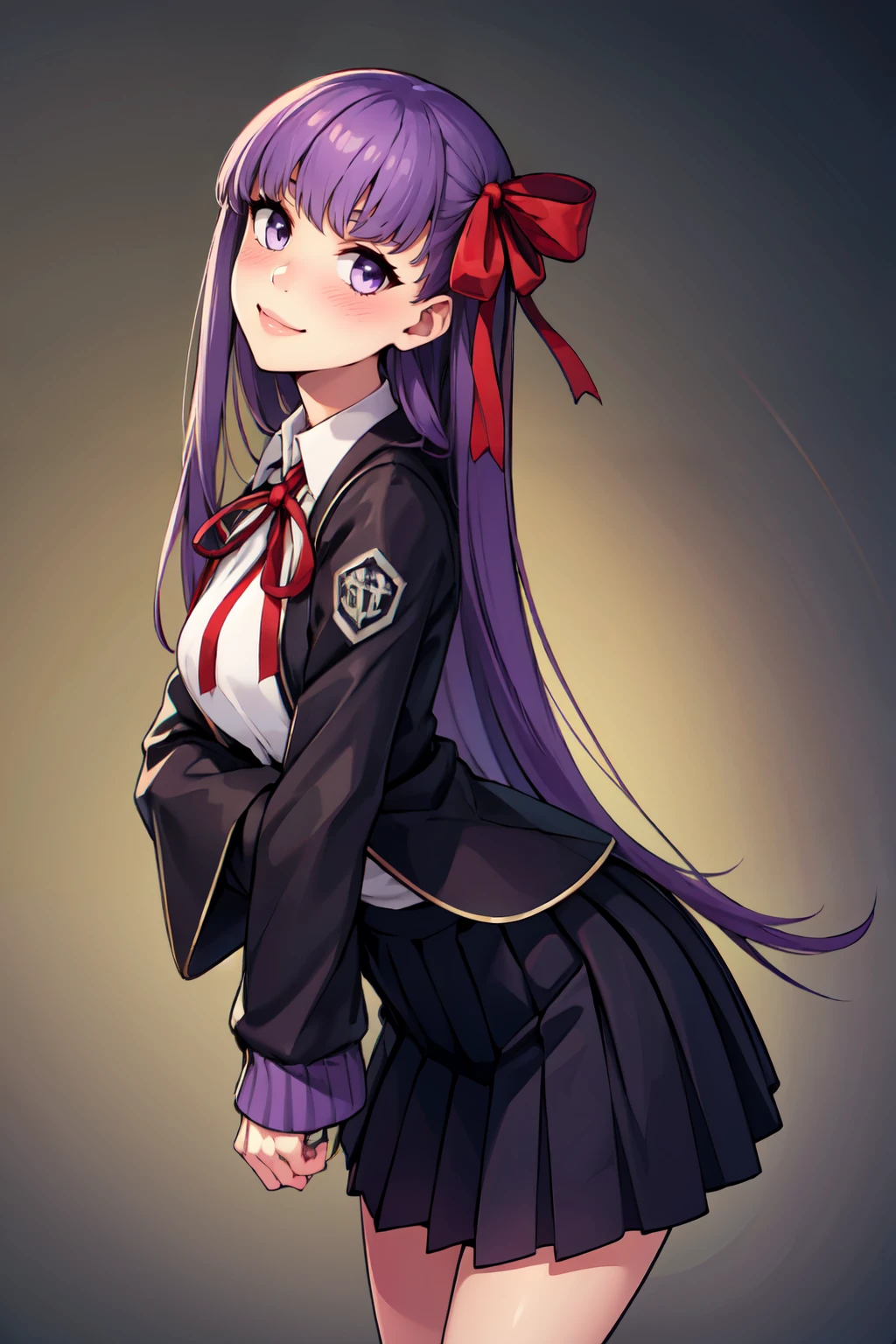 ((masterpiece,best quality)), absurdres,  BREAK, , <lora:Bb_Fgo:0.8>,  zzBB, long hair, purple hair, purple eyes, bangs, very long hair,   black jacket, black skirt, collared shirt, hair ribbon, high-waist skirt, jacket, long sleeves, neck ribbon, open clothes, open jacket, pleated skirt, red ribbon, ribbon, shirt, skirt, sleeves past wrists, white shirt, wide sleeves,, BREAK, leaning forward, head tilt, blush,, BREAK, solo, smile, looking at viewer, cowboy shot,