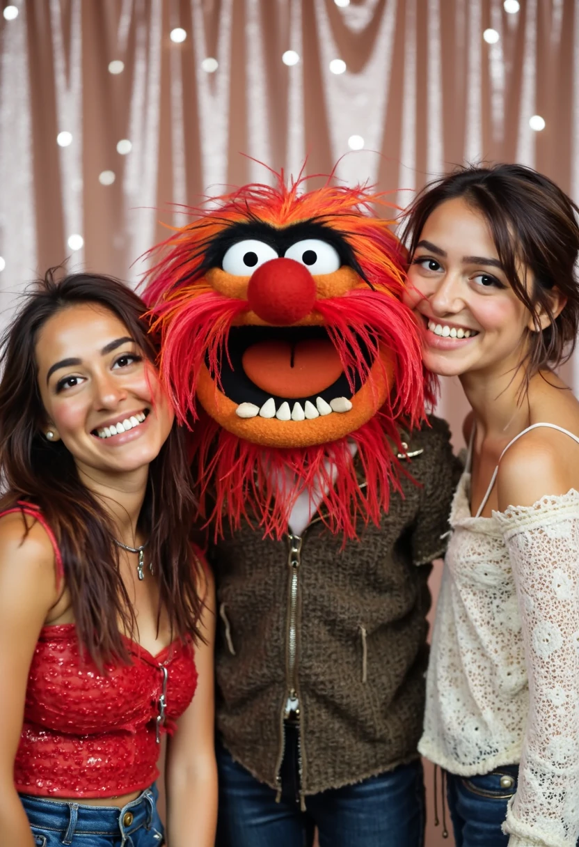 animal muppet posing with two beautiful women in front of a sparkle curtain, natural light, photoshoot