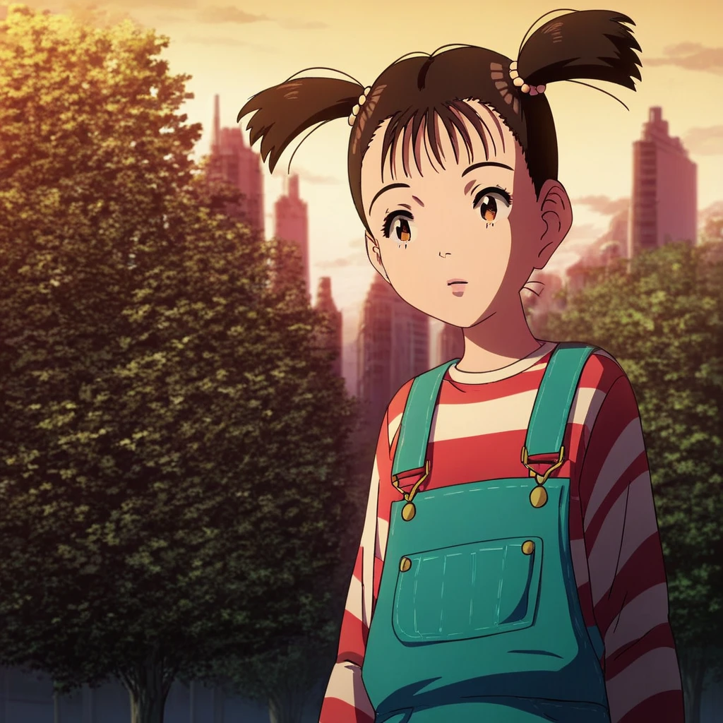 score_9, solo, uran_pluto, twintails, black hair, brown eyes, striped shirt, overalls, skirt, cute, outdoors, natural lighting