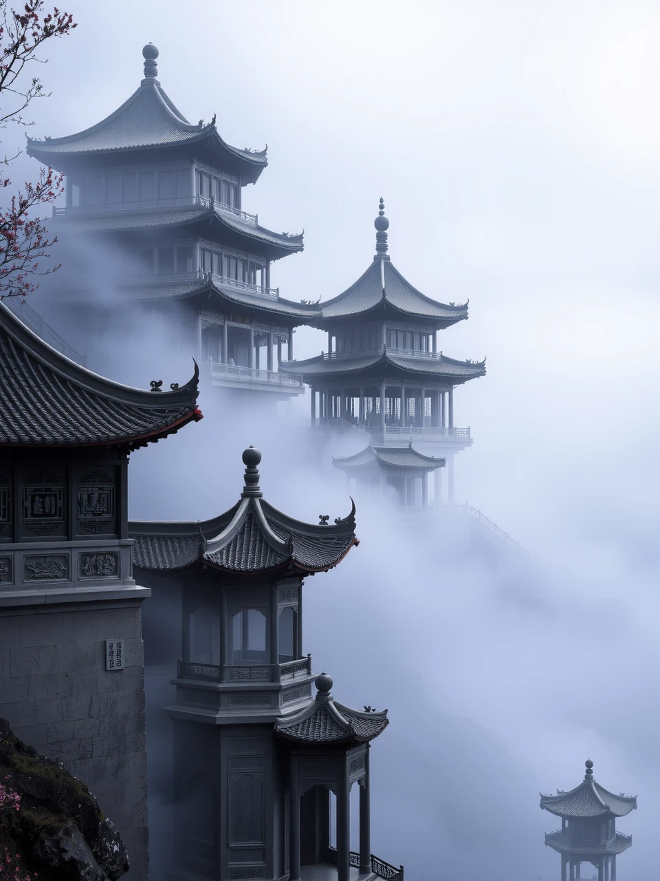 Ancient Architectural Complex on Mount Wudang: A misty morning scene showcasing the ancient architectural complex on Mount Wudang,Hubei,with the structures shrouded in the soft,mystical veil of dawn.,
The image presents the historic ensemble of Mount Wudang's architectural marvels,a testament to China's rich Taoist heritage. The early morning light filters through the dense fog,casting a gentle glow on the ancient buildings,their outlines softened by the enveloping mist.,
The complex,with its tiered roofs,ornate eaves,and intricate carvings,stands as a silent witness to centuries of spiritual practice. The mist adds an otherworldly quality to the scene,enhancing the ethereal beauty of the structures and their surroundings.,
This depiction captures the essence of Mount Wudang's ancient architectural complex,set against the serene backdrop of a misty morning. The image evokes a sense of tranquility and reverence,reflecting the spiritual significance of this Taoist sanctuary and its timeless connection to the natural world.,