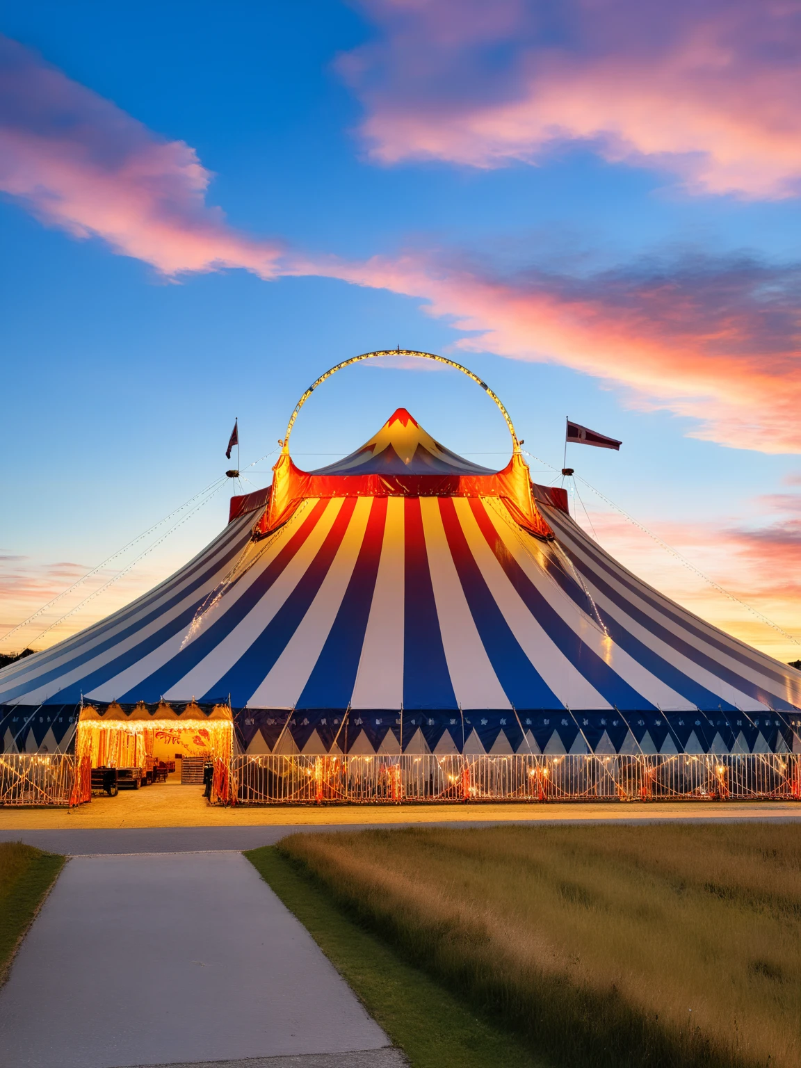 <lora:JJsCircusTent_XL:1> ,((Circus Tent)), ((outdoors)) , building, blue sky, window,   subject,  sky, golden hour, cloud,  real world location, realistic, flag, grass, road, fireworks,