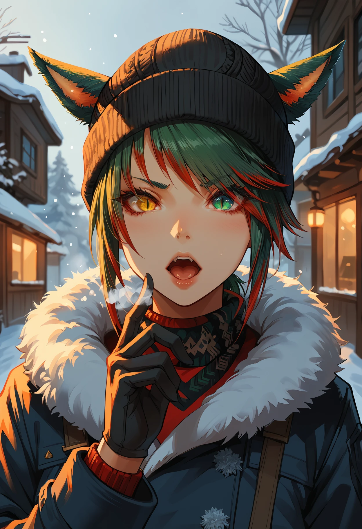 score_9, score_8_up, score_7_up, miqo'te, green hair, red hair, short hair, siriha, two-tone hair, tail, heterochromia, yellow eyes, green eyes,ears through headwear, beanie, winter, winter clothes,open mouth, gloves, cold, breath, winter jacket, winter clothes, winter uniform, slit pupils, 
<lora:miqote siri (pony) v1:1.0>