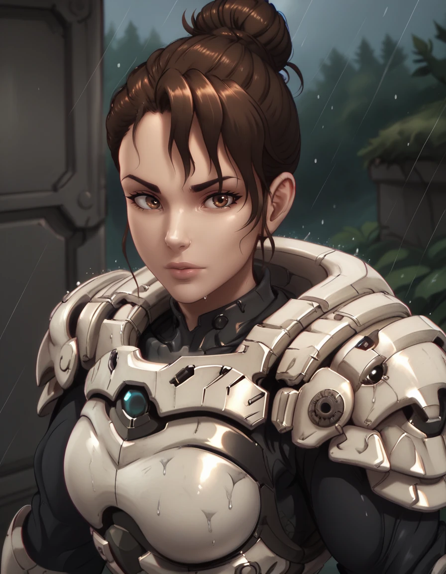 score_9, score_8_up, score_7_up, 
1girl, solo,
ssttrigdg,
brown hair, brown eyes, single hair bun, 
science fiction, armor, 
rain,  looking at viewer,  
 <lora:Trig SST PXL v01-000003:0.90>