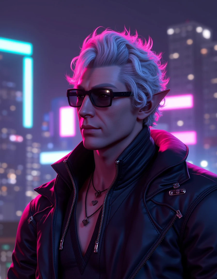 <lora:Astarion_Baldurs_Gate_3-000011:1>, BG3_Astarion wearing cyberpunk outfit, scifi glasses, white hair, man, neon lights, cyberpunk city at night in background