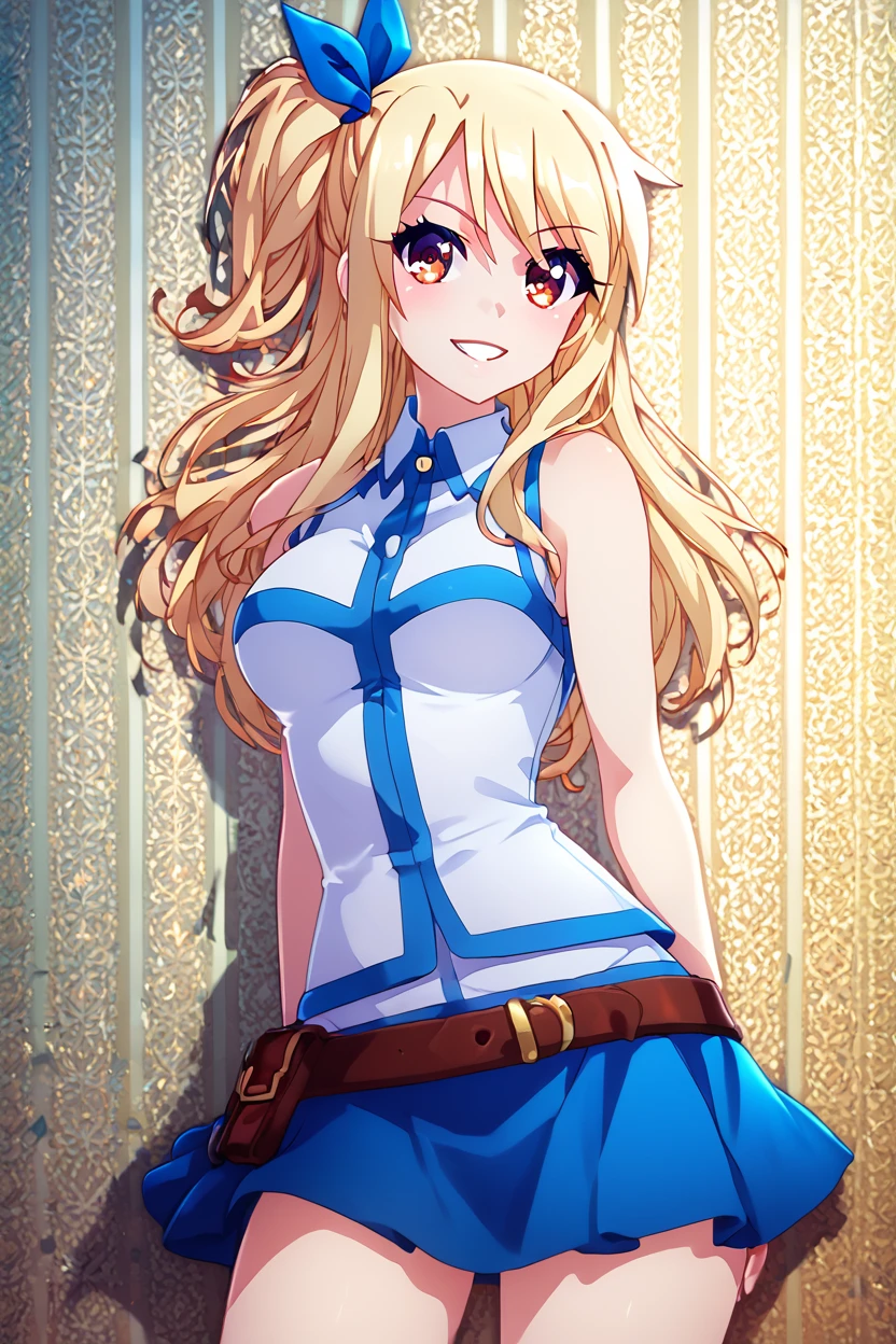 score_9, score_8_up, score_8, medium breasts, (curvy), cute, eyelashes,       BREAK, , aaLucy, hair ribbon, side ponytail, blonde hair, long hair, large breasts, white shirt, sleeveless, belt, blue skirt, <lora:Lucy_Heartfilia_PDXL_v2:0.8>, , BREAK, smile, looking at viewer, cowboy shot, embedding:zPDXL, Expressiveh, <lora:PrismaIllya_PDXL_v3:1.0>,  <lora:SDXLFaeTastic2400:0.5>,  <lora:Expressive_H-000001:0.4>,