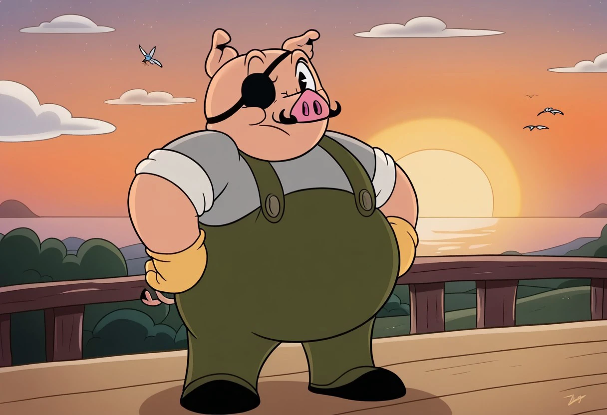 pig, fat man, male, eye patch, black eyes, pig tail, Light grey short-sleeved shirt that leaves his arms exposed, olive green overalls, overalls are fitted with two wide straps, yellow gloves, olive green overalls integrated with the pants, detail background, detail character, 4k, masterpiece, best quality, highly detailed, standing on a cliff at sunset, his expression calm as he looks out at the horizon. His arms are relaxed at his sides, and the sea breeze gently flutters his clothes. Behind him, a stunning view of the ocean stretches out as the sun sets, painting the sky in warm shades of orange, pink, and purple. The natural setting is serene, with a few birds flying in the distance