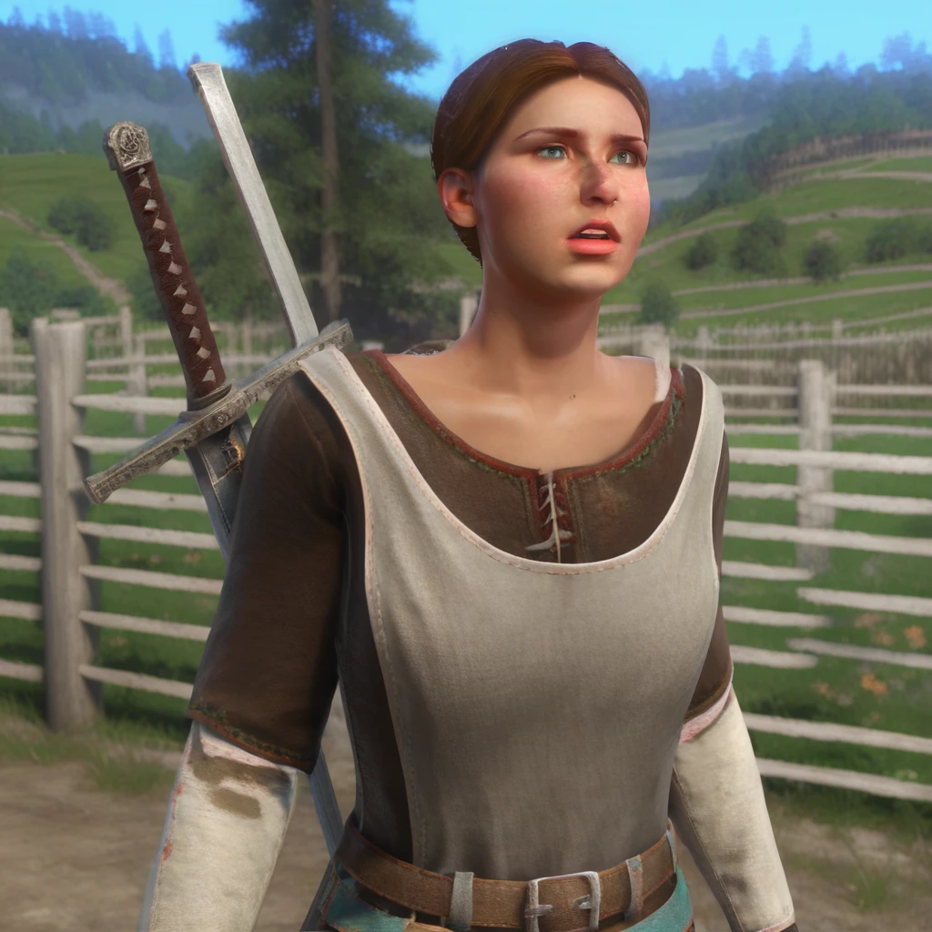 upper body, 3d, day, outdoors, realistic, tree, 8k resolution, fence, belt, looking to the side, parted lips, lips, standing, sword, source game, green eyes, holding, blue eyes, brown hair, nape neck ponytail, ultra-high definition, solo, open mouth, freckles, 1girl, looking at viewer