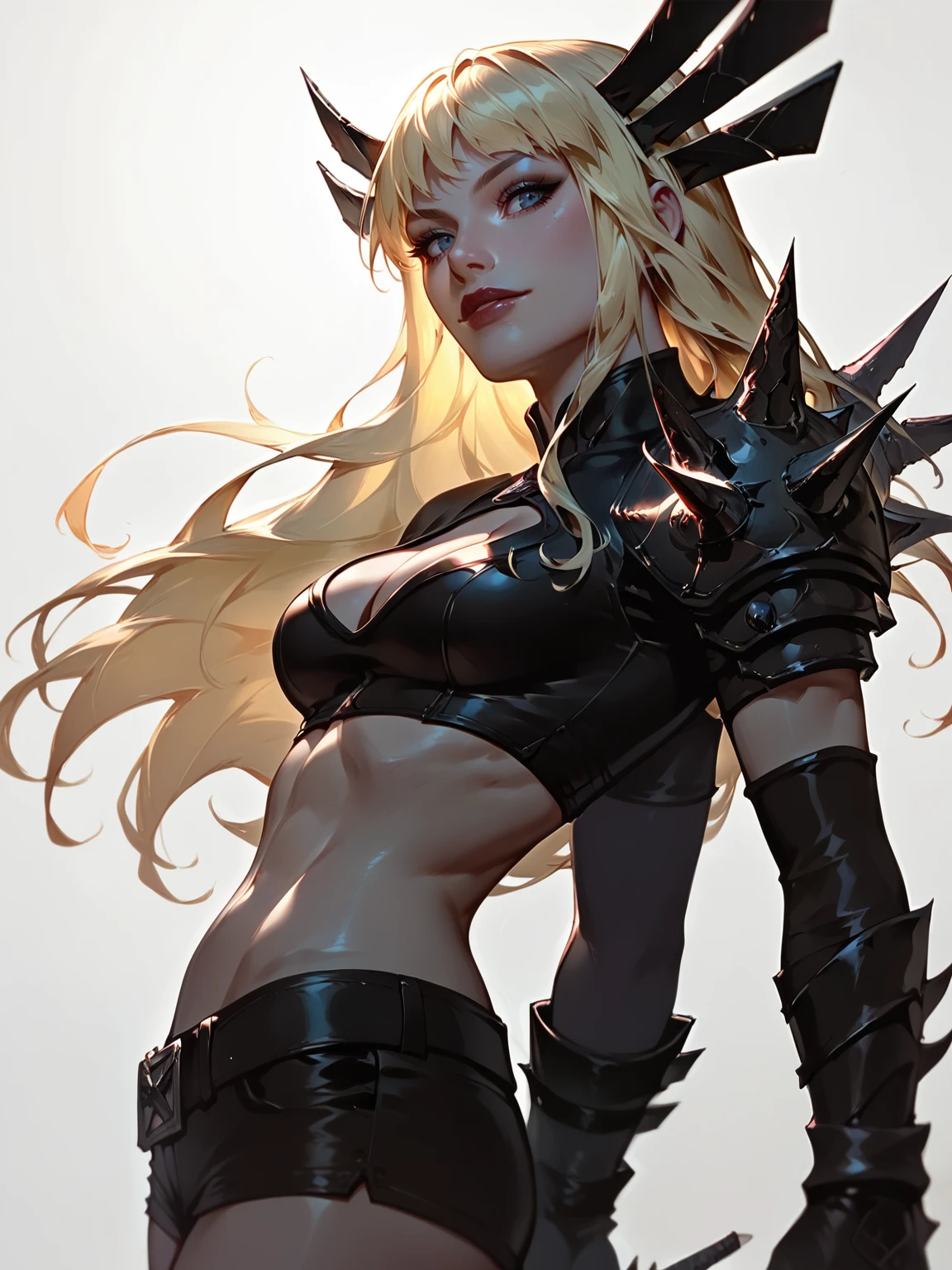 score_9, score_8_up, score_7_up, BREAK, MagikMarvel, 1girl, solo, long blonde hair, black hair decoration, spiked shoulder pad, black gloves, black crop top, cleavage, midriff, black short shorts, high black boots, white background, simple background, from side view, hands behind back, <lora:MagikMarvel:1>  <lora:Concept Art DarkSide Style LoRA_Pony XL v6:1>