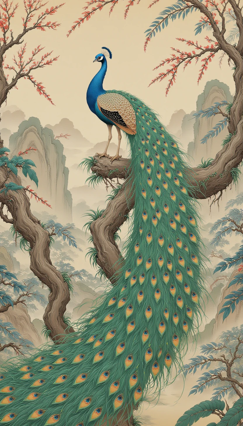 p1nktrad1t10nalch1n3s3styl3,A serene scene of beautiful peacocks with elaborate tail feathers