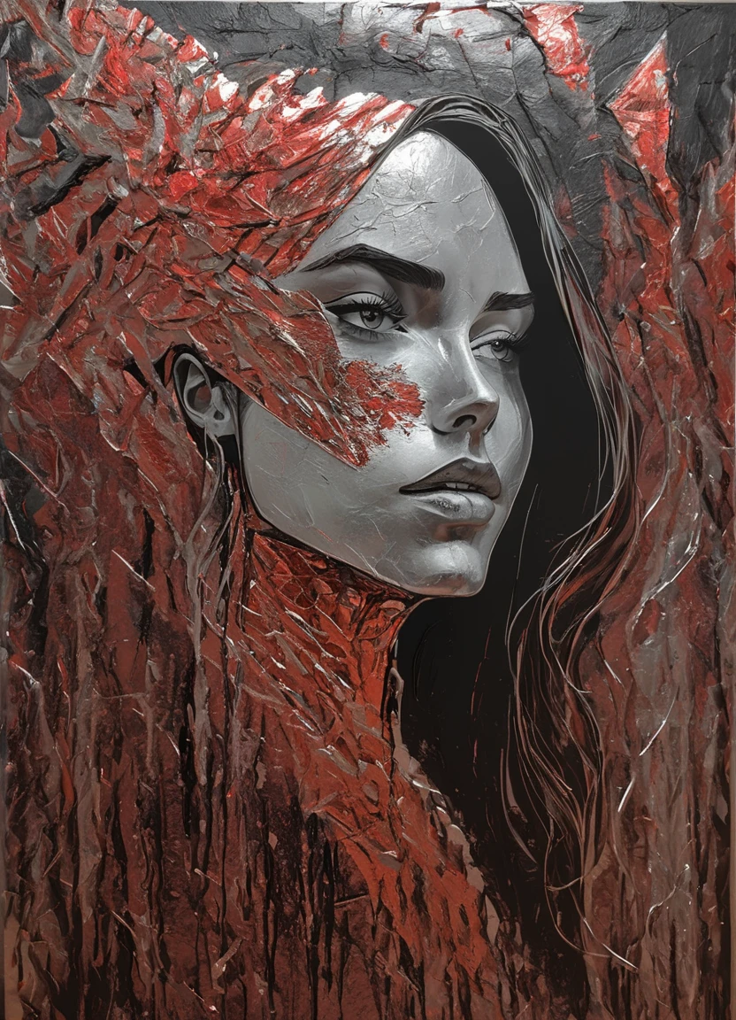 foilart, face, long hair, woman, black, red theme, <lora:Foil-Art:0.8>