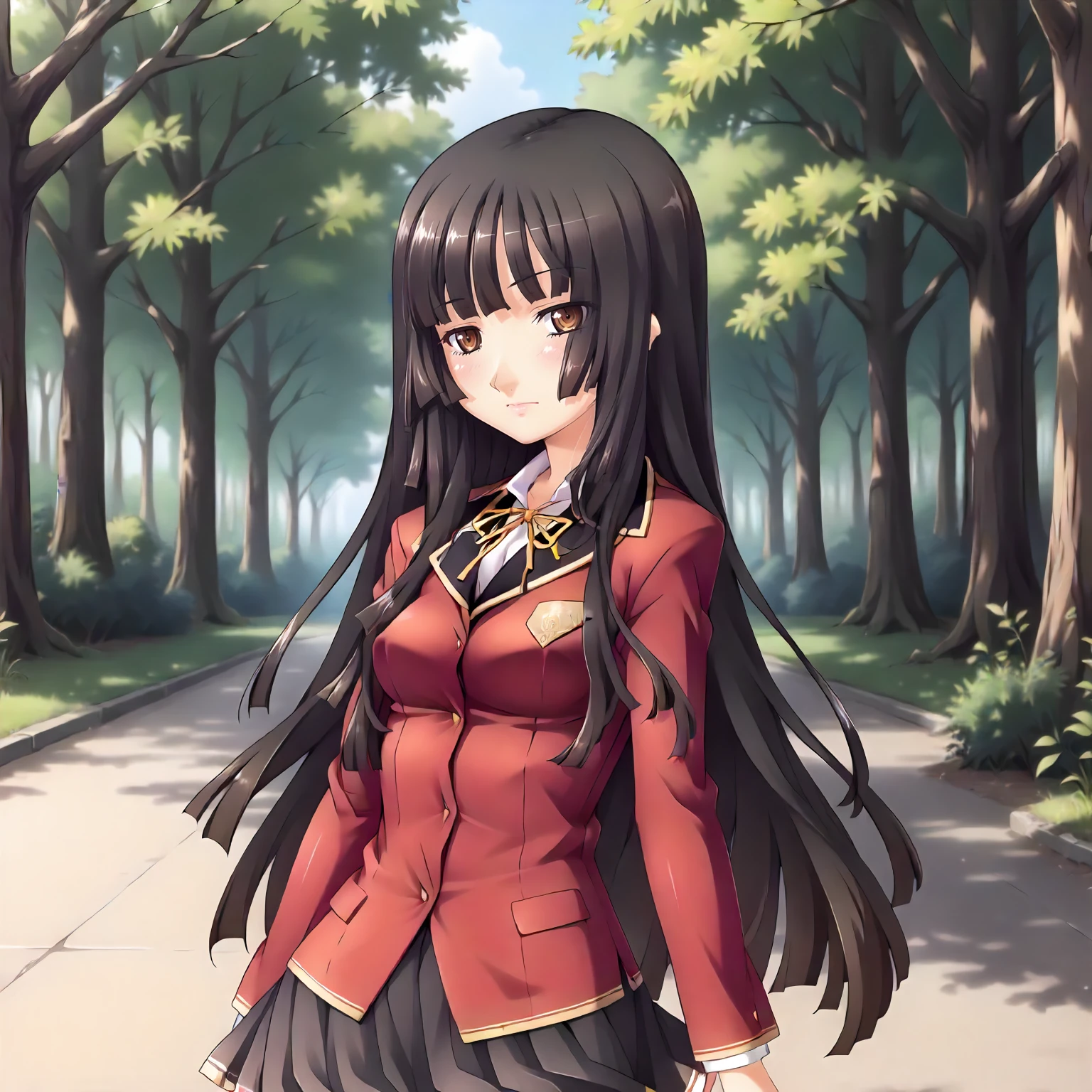 <lora:SDG_HiyoriKozakuraXLpony001>,
outdoors,nature,
solo,
HiyoriKozakura,1girl,black hair,long hair,hime cut,brown eyes,
school_uniform,red jacket,
pleated_skirt,
standing,