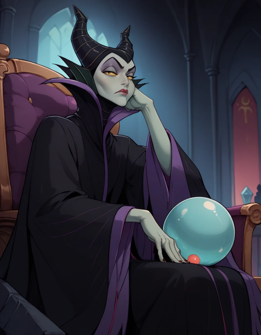 score_9, score_8_up, score_7_up, 
1girl, solo,
maleficentdg,
colored skin, yellow sclera,
horned headwear, wide sleeves, high collar, black cape, 
 half-closed eyes,  looking at viewer, 
castle interior, night, 
sitting, throne, from below, head rest, annoyed, crystal ball,
 <lora:Maleficent DG PXL v02-000003:0.90>