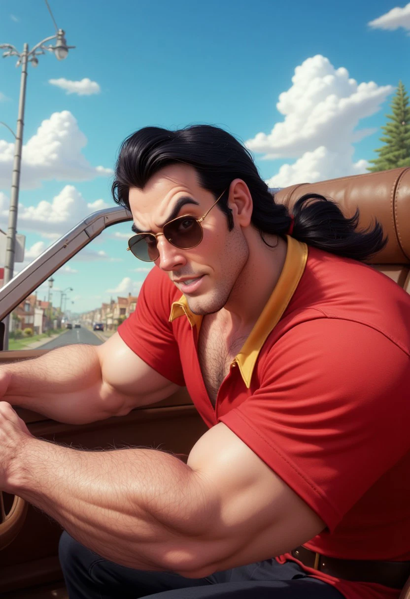 Muscular Gaston wearing sunglasses, driving a convertible down a highway. His hair is flowing behind him in the breeze.