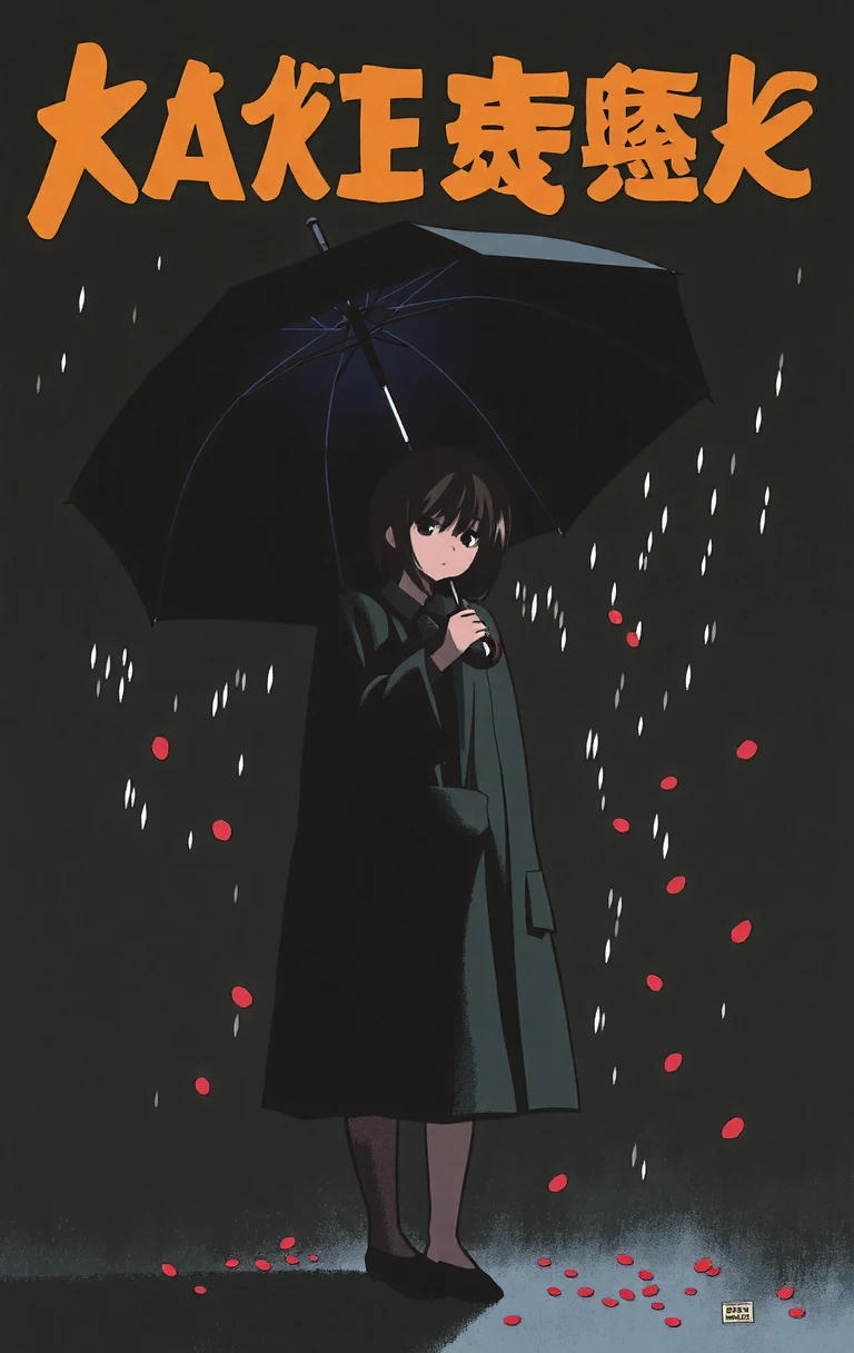 propaganda poster  girl standing alone at night darkness wearing an oversized black raincoat with a small bag. she is holding a black umbrella, the umbrella has multicolored LED hidden inside that shine down on her, small rose petals flutter through the air around her