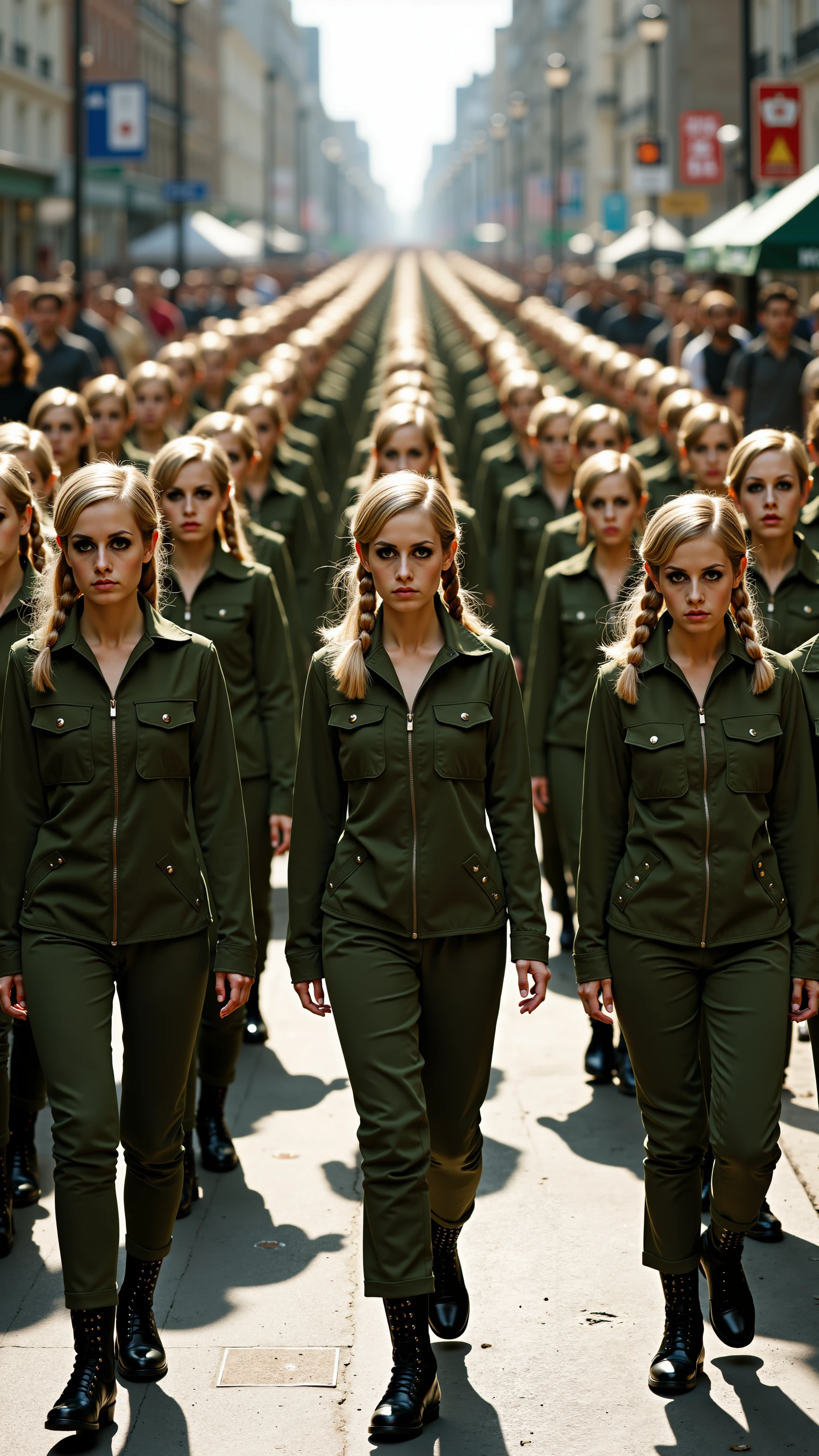 twiggy,A surreal, 1970s-inspired photograph featuring thousands of Twiggy clones marching in perfect unison down a wide city street. Each Twiggy is dressed in a sleek, military-style uniform, consisting of fitted olive-green jackets, cargo pants, and black combat boots. The look is crisp and structured, a stark contrast to Twiggy's usual playful mod fashion. Her signature blonde hair is neatly styled into tight braids or buns, complementing the disciplined, army aesthetic.

As the eye moves deeper into the crowd, the rows of Twiggy clones seem to stretch infinitely, creating a mesmerizing, repetitive visual pattern. Each clone carries the same iconic wide-eyed expression, enhanced by Twiggy’s signature black eyeliner and drawn-on lower lashes, giving the scene an otherworldly, almost robotic feel. Their faces are expressionless, focused on the march, all moving in perfect sync.

The background consists of a bustling cityscape, with curious bystanders watching the surreal scene unfold. The sunlight casts soft shadows, illuminating the army of Twiggy clones as they march forward, their uniforms catching the light in sharp detail. The photograph has a grainy, vintage quality, typical of 70s film, with slightly muted colors and a nostalgic, dreamy texture.

The overall mood is eerie yet captivating, blending Twiggy’s timeless beauty with a militaristic, dystopian vision of uniformity. The sheer number of identical Twiggy clones and the disciplined march contrast sharply with her usual free-spirited style, creating a striking and thought-provoking image that plays with the concept of identity and conformity