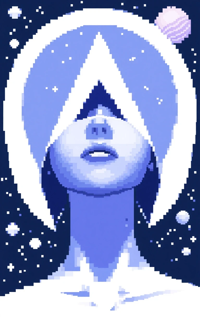 pixel art is a digital illustration of a woman's face with a futuristic design. The woman has a large, white head with a triangular shape in the center. Her eyes are closed and her mouth is slightly open, as if she is in a trance-like state. The head is surrounded by a dark background with stars and planets, giving the impression of a starry night sky. The overall color scheme of the image is predominantly blue and white, with hints of purple and pink. pixel art has a mystical and mystical feel to it.