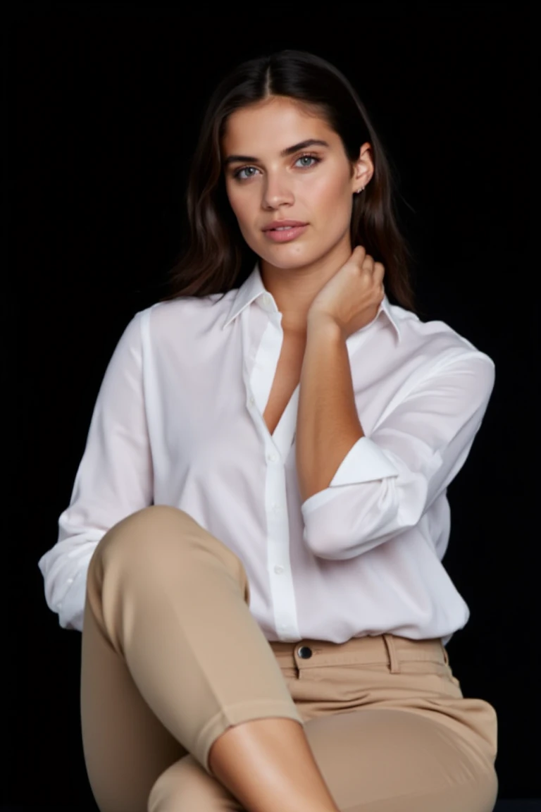 a portrait-style photograph of  wos4r4s4m sitting with her legs crossed. She is wearing a white blouse and beige trousers. Her left hand is placed on her neck, and she is looking directly at the camera with a neutral expression. The background is dark, which contrasts with her lighter clothing, making her the focal point of the image.