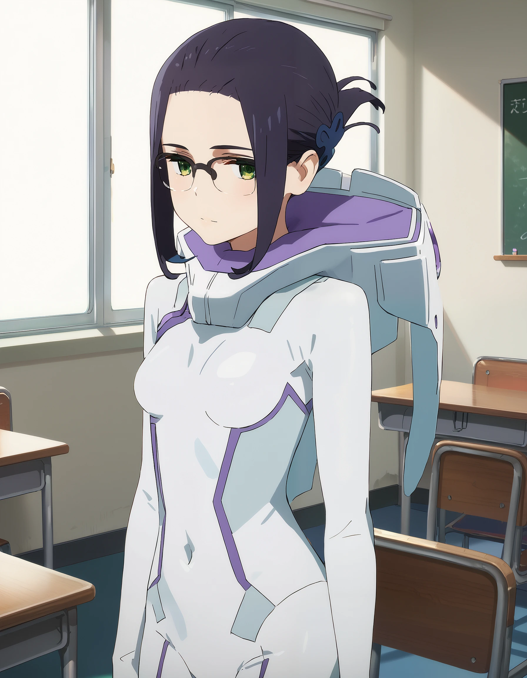 score_9, score_8_up, score_7_up, source_anime, masterpiece, best quality, perfect anatomy, very aesthetic, absurdres, 1girl, solo,

ikuno_franxx, black hair, short hair, hair ornament, butterfly hair ornament, bangs, green eyes, glasses,
bodysuit, white bodysuit,

outdoors, forest, looking at viewer, cowboy shot,