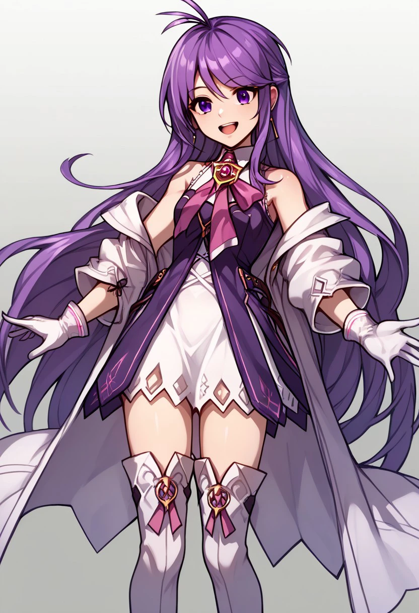 score_9, score_8_up, score_7_up, source_anime, good anatomy, 1girl, solo, AishaAS, antenna hair, ahoge, long hair, purple hair, sidelocks, very long hair, purple eyes, amulet, pink ribbon, wing collar, white and purple dress, layered dress, sleeveless dress, leather belt, off shoulder coat, white coat, white gloves, white thighboots, zettai ryouiki, standing, smiling, open mouth