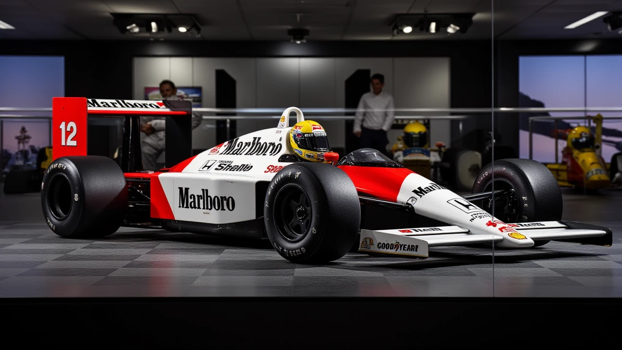 a Photo of a 1991 McLaren MP44,Ayrton Senna driving,Sponsor Logos say "Marlboro,Shell,Honda,Goodyear",beautiful composition,dramatic camera angle,inside a glass dislplay, <lora:McLaren MP44:1>,  <lora:FLUX.1d_-_Miniatures:1>