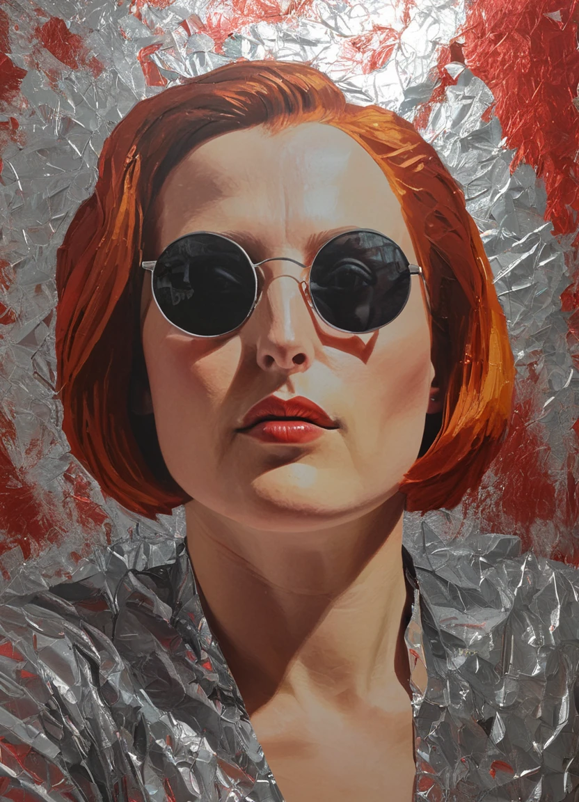 foilart, woman, face, <lora:Foil-Art:0.8><lora:DanaScullyXL_v2d:0.8> agentscully, short red hair, bobcut, sunglasses,