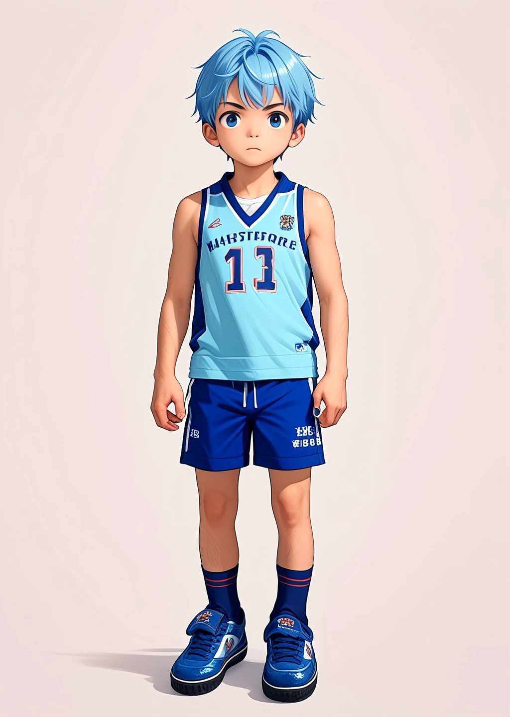 score_9,score_8_up,score_7_up,score_6_up,masterpiece,1boy,solo,japanese,sxzs \(shoes\),blue shoe,jersey,sleeveless,shorts,socks,<lora:sxzs>,simple background,standing,