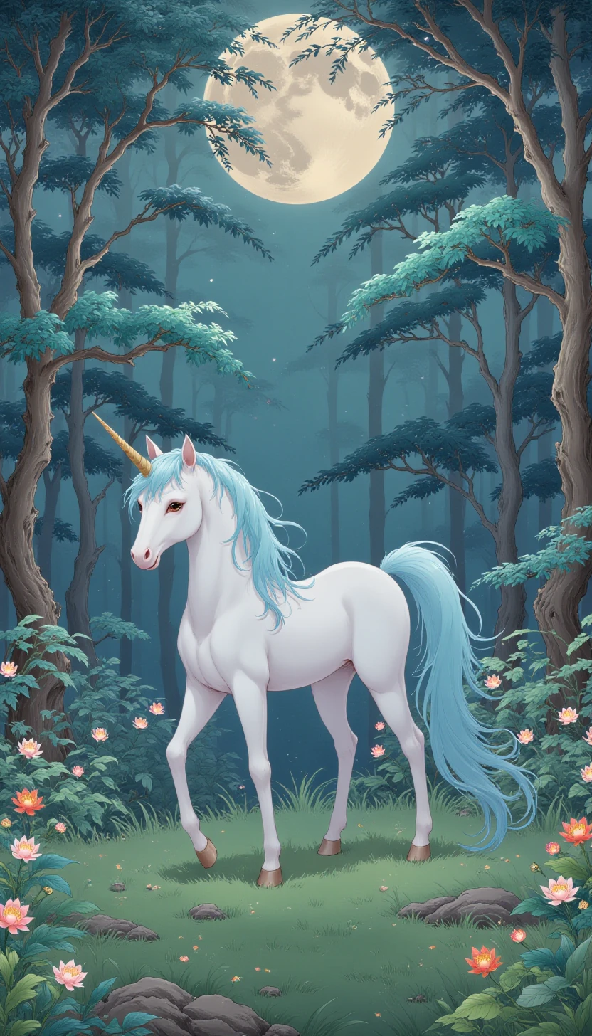 p1nktrad1t10nalch1n3s3styl3,A fantasy illustration of a glowing unicorn in a moonlit forest, its mane and tail flowing with radiant energy