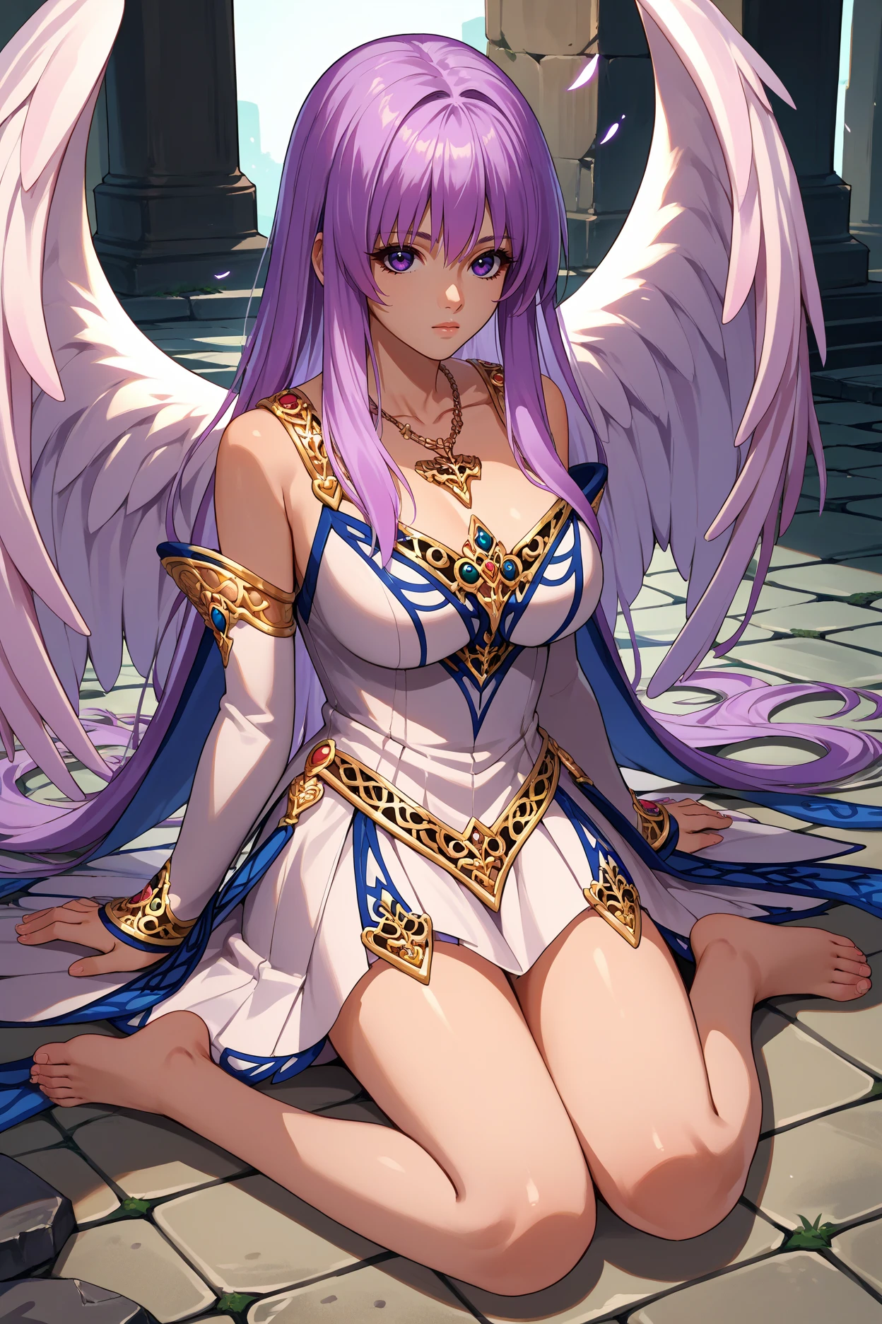 score_9, score_8_up, score_7_up, score_6_up, source_anime, 1girl, solo,  <lora:ysreah-pdxl-nvwls-v1-000005:1> angelReah, lavender hair, long hair, purple eyes, angel wings, white dress, detached sleeves, necklace, big breasts, sitting, on ground, barefoot, full body, stone floor, looking at you