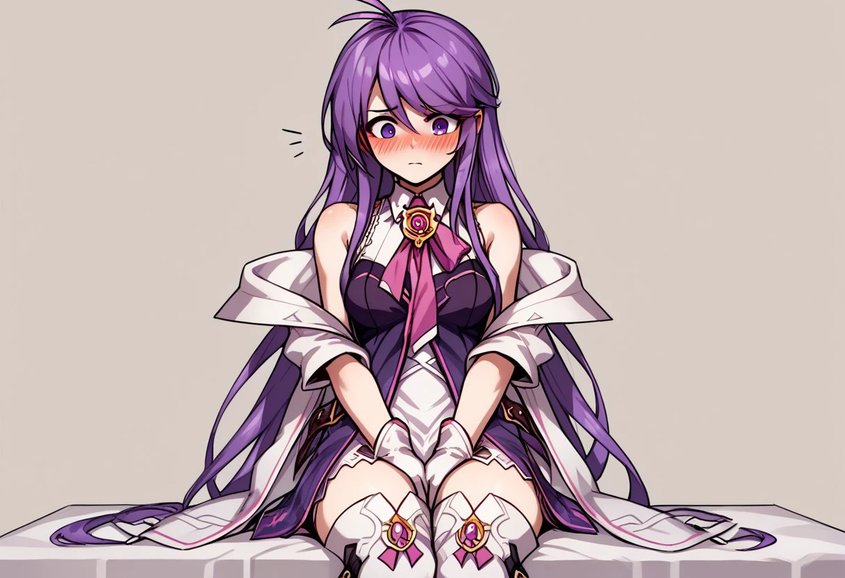 score_9, score_8_up, score_7_up, source_anime, good anatomy, 1girl, solo, AishaAS, antenna hair, ahoge, long hair, purple hair, sidelocks, very long hair, purple eyes, amulet, pink ribbon, wing collar, white and purple dress, layered dress, sleeveless dress, leather belt, off shoulder coat, white coat, white gloves, white thighboots, blushing, embarassed, sitting, hands between thighs,