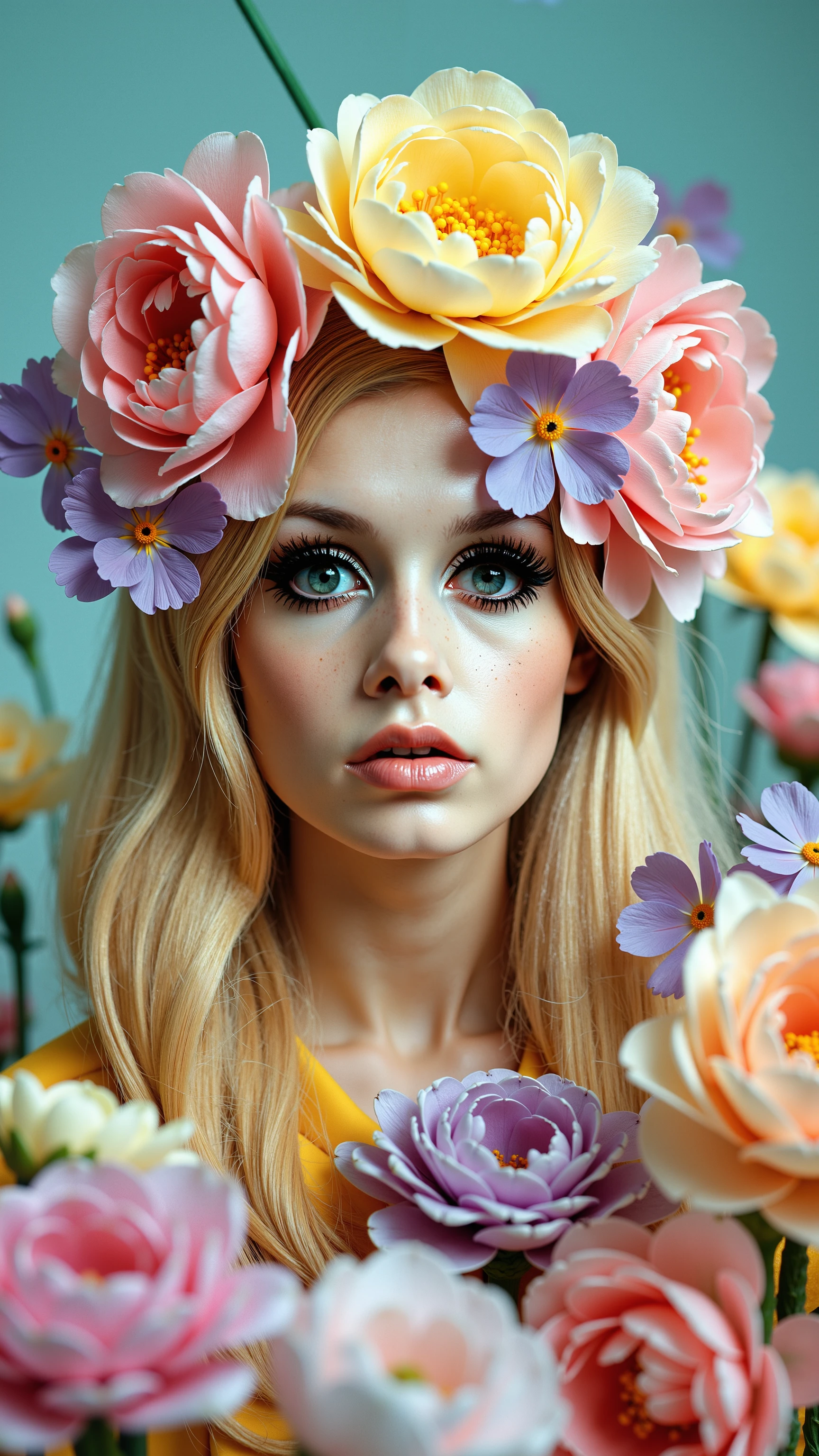 twiggy,A stunning 1970s-inspired photograph of Twiggy immersed in a sea of vivid, blooming flowers, creating a dreamlike, ethereal scene. Twiggy wears an avant-garde floral crown made of pastel-colored blooms—large pink peonies, soft yellow flowers, and delicate lavender petals—that cascades around her head, blending seamlessly into the surrounding flora. Her face is adorned with delicate, colorful petals, almost as if they are a natural part of her makeup, giving her a mystical, otherworldly appearance.

Her makeup is kept true to her iconic mod style, with Twiggy’s bold black eyeliner emphasizing her large, wide eyes. The lower lashes are drawn on in her signature fashion, maintaining the doll-like look that she is known for. Her lips are painted in a soft nude pink, allowing the vibrant florals and her expressive eyes to stand out. The intricate floral decorations add layers of texture and color, giving the scene a surreal and magical quality.

The background is a soft, dreamy gradient of blues and greens, providing a perfect backdrop to the burst of colorful flowers. The soft lighting creates a gentle glow around Twiggy's face, highlighting the reflective surfaces of the petals and her radiant skin. The photograph captures the intimate details of her floral attire and makeup, as well as the natural beauty of the surrounding flowers, with a slight grain and muted tones typical of 70s film photography.

The overall mood is enchanting and whimsical, blending Twiggy’s timeless beauty with the natural, ethereal elements of the floral setting. The combination of vibrant colors, soft lighting, and the vintage film texture gives the image a sense of nostalgia and surreal artistry, capturing the essence of 70s fashion photography with a modern twist