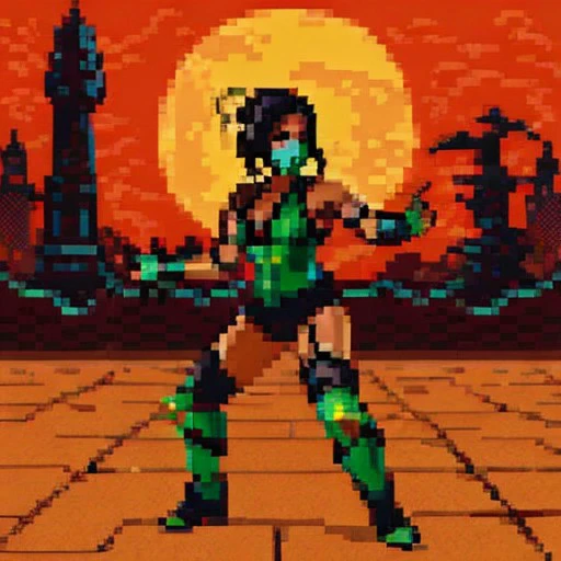 jade from Mortal kombat, dark skin, black hair, double bun, braids, fingerless gloves, green mouth mask, thigh boots, garter straps, green leotard, full-body,  battle stance