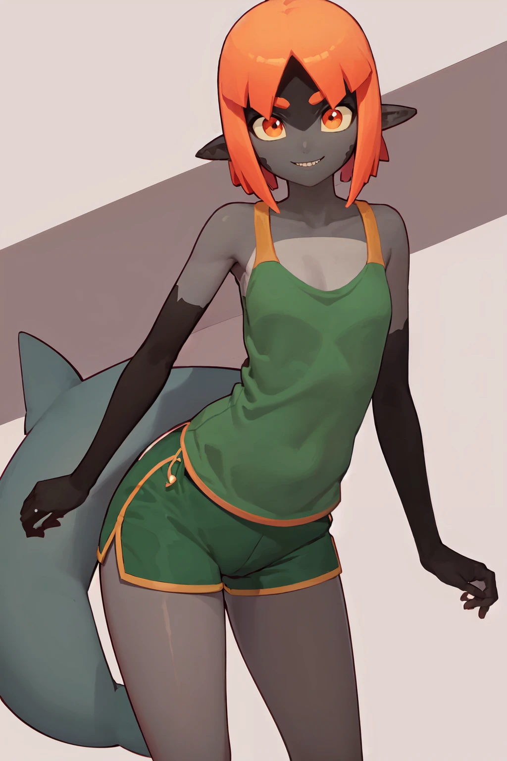 ((masterpiece,best quality)), absurdres,  BREAK, , <lora:Sammy_Horsefeathers:0.5>, ZzSammy, short hair, colored skin, orange hair, monster girl, black skin, orange eyes, dark skin, colored sclera, grey skin, pointy ears, (shark tail), green shirt, green shorts,  wide hips, curvy, , BREAK, side view, hip to the side, contrapposto,, BREAK, solo, smile, looking at viewer, cowboy shot,