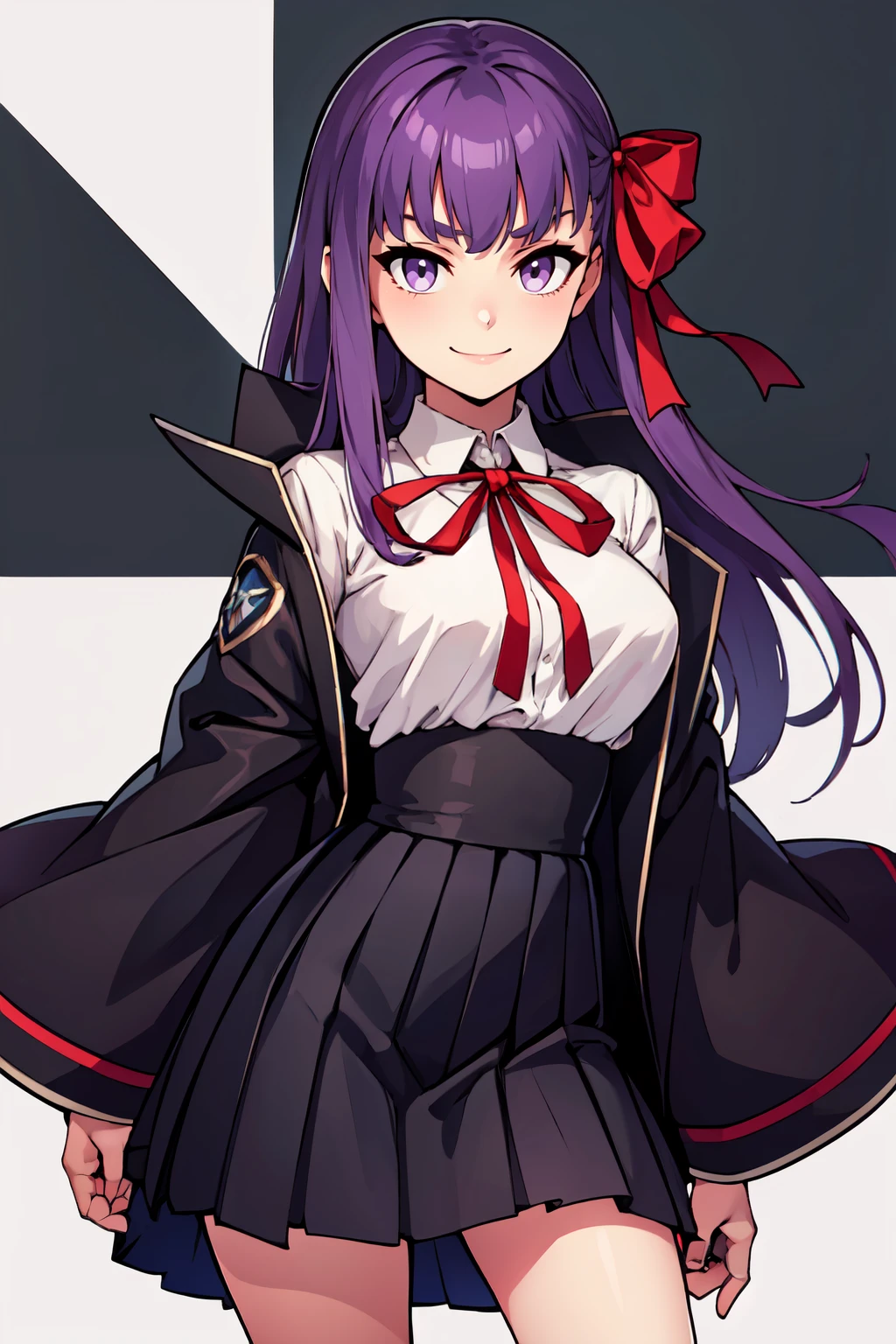 ((masterpiece,best quality)), absurdres,  BREAK, , <lora:Bb_Fgo:0.7>,  zzBB, long hair, purple hair, purple eyes, bangs, very long hair,   black jacket, black skirt, collared shirt, hair ribbon, high-waist skirt, jacket, long sleeves, neck ribbon, open clothes, open jacket, pleated skirt, red ribbon, ribbon, shirt, skirt, sleeves past wrists, white shirt, wide sleeves,, BREAK, hip to the side, contrapposto,, BREAK, solo, smile, looking at viewer, cowboy shot,