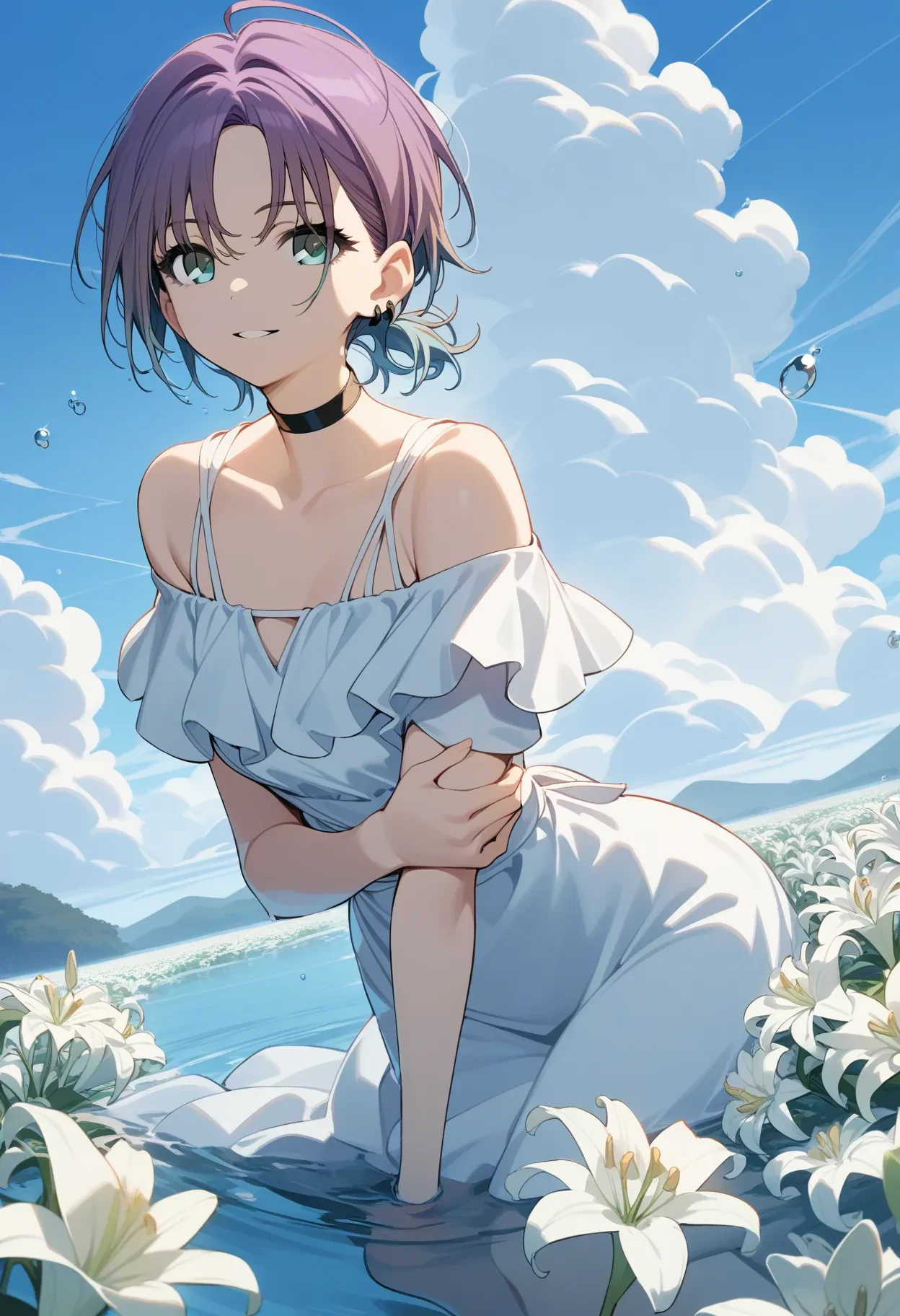 t_asakura,
1girl, arms behind back, black choker, blue eyes, aqua eyes, blue sky, choker, parted lips, cloud, collarbone, cumulonimbus cloud, day, dress, earrings, feet out of frame, flower, flower on liquid, ponytail, short ponytail, purple hair, multicolored hair, holding own arm, jewelry, light blue hair, lily (flower), looking at viewer, off-shoulder dress, off shoulder, outdoors, partially submerged, short hair, sky, smile, solo, water, water drop, white dress, white flower, white lily, 
masterpiece, best quality, very aesthetic, absurdres
<lora:t_asakuraXL_animagine:1>