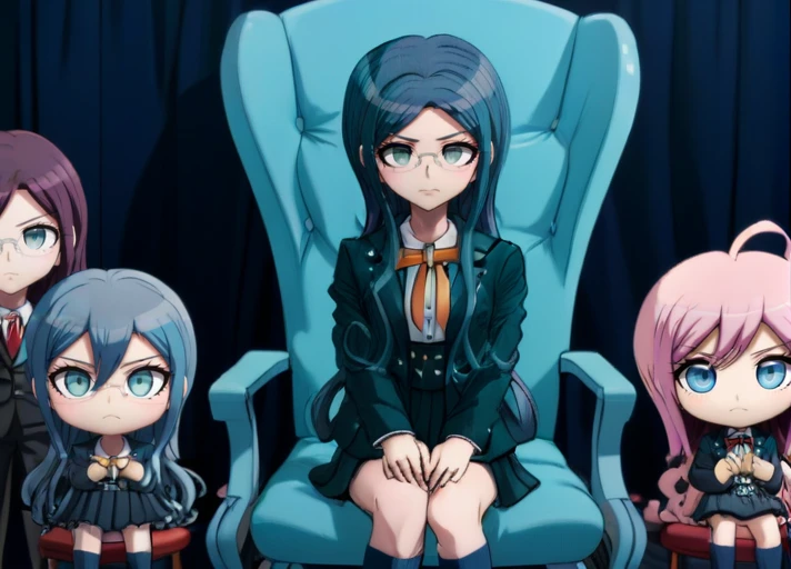 <lora:Tsumugi_Shirogane_SDXL:1>,  4n1v3rs3, zPDXL2, (young woman),   This anime screencap is from Danganronpa the Animation.  Tsumugi Shirogane wearing her uniform from Danganronpa V3. Tsumugi Shirogane has knee-length dark teal-blue hair parted in the center which is straight and smooth at the base and gradually splits into waves near the tips. Her eyes are large, round, and are a soft teal-green color. Tsumugi wears round, rimless glasses with white temples. Tsumugi's Danganronpa V3 school uniform consists of a white blouse with an orange bow tied at her collar underneath a two-button, pocketed, teal-black school blazer adorned with two silver buttons on each lapel and a single button on each gorge. She wears a knee-length teal-black pleated skirt with two dark teal stripes lining the hem. Her legwear consists of dark navy knee-length socks and teal-gray loafers.  Tsumugi Shirogane is within the setting of a Tsumugi Shirogane's right hand is holding a small plush figure of a boy, Shuichi Saihara, with black hair and a dark suit. Her left hand is resting on the chair next to her. She has a mischievous expression on her face and is looking at the viewer. She is sitting on a large ornate blue chair and is surrounded by small plush figure versions of other characters from Danganronpa V3. A plush Maki Harukawa is on the far right. To Maki's left is a plush Himiko Yumeno. To Himiko's left is a plush K1-B0. The foreground of the image is an exaggeratedly detailed stylized depiction of a chessboard. The lighting is blue and shadows are very harsh.