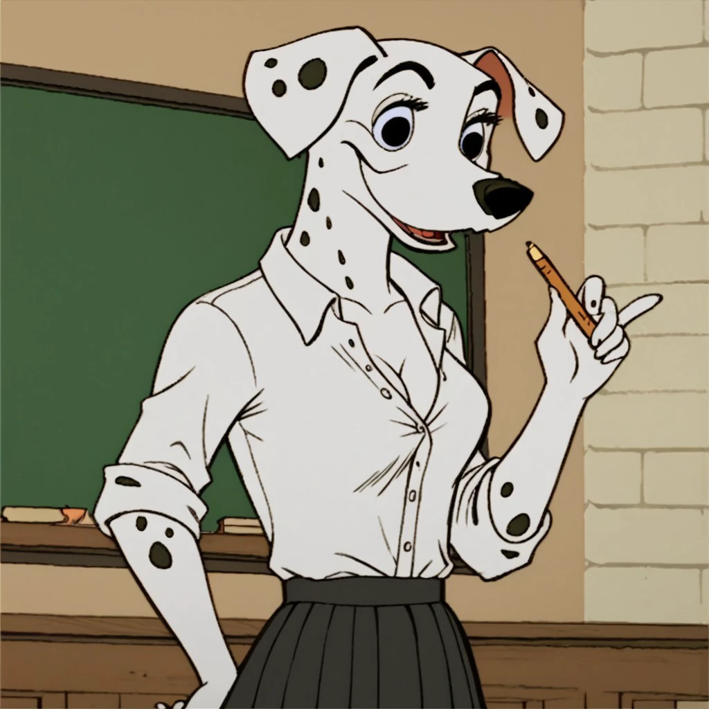 score_9, score_8_up, score_7_up,  j_cartoon, Disney, highly detailed, ((detailed shaders)), BREAK, perdita, ((Dalmatian)), Black Eyes, Anthropomorphic Dog, Indoor, School, Blackboard, Holding a Chalk, Standing, White Buttoned Shirt, Black Short Skirt, Smiling,