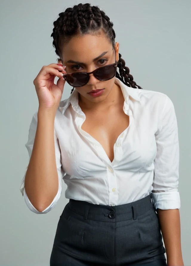 photo of a versace, Looking down of an adult Dark Skin women taken by alfred stieglitz, (((she is wearing a Button-down shirt and Capri pants)), looking at viewer with Ecstatic expression, pulling down sunglasses, posed with hands on glasses, jet black cornrows , full lips, Kodak Motion Picture Film Style ,  <lora:add-detail-xl:1> <lora:style_lora_dadaptadam_realis:.45> <lora:PerfectEyesXL:.25> , solo,1girl, perfect human anatomy, perfecteyes, black eyes, <lora:Kodak Motion Picture Film Style v5_2:.9> slim thick thighs <lora:TeethXL:.1> ((medium perky breasts covered)) ziprealism <lora:SexyConiAI:.15> <lora:polyhedron_all_sdxl:0.2>, <lora:last:.15> <lora:NaturalBodyV2.0-C:0.2>,    <lora:pulling_sunglasses_down_XL:1>