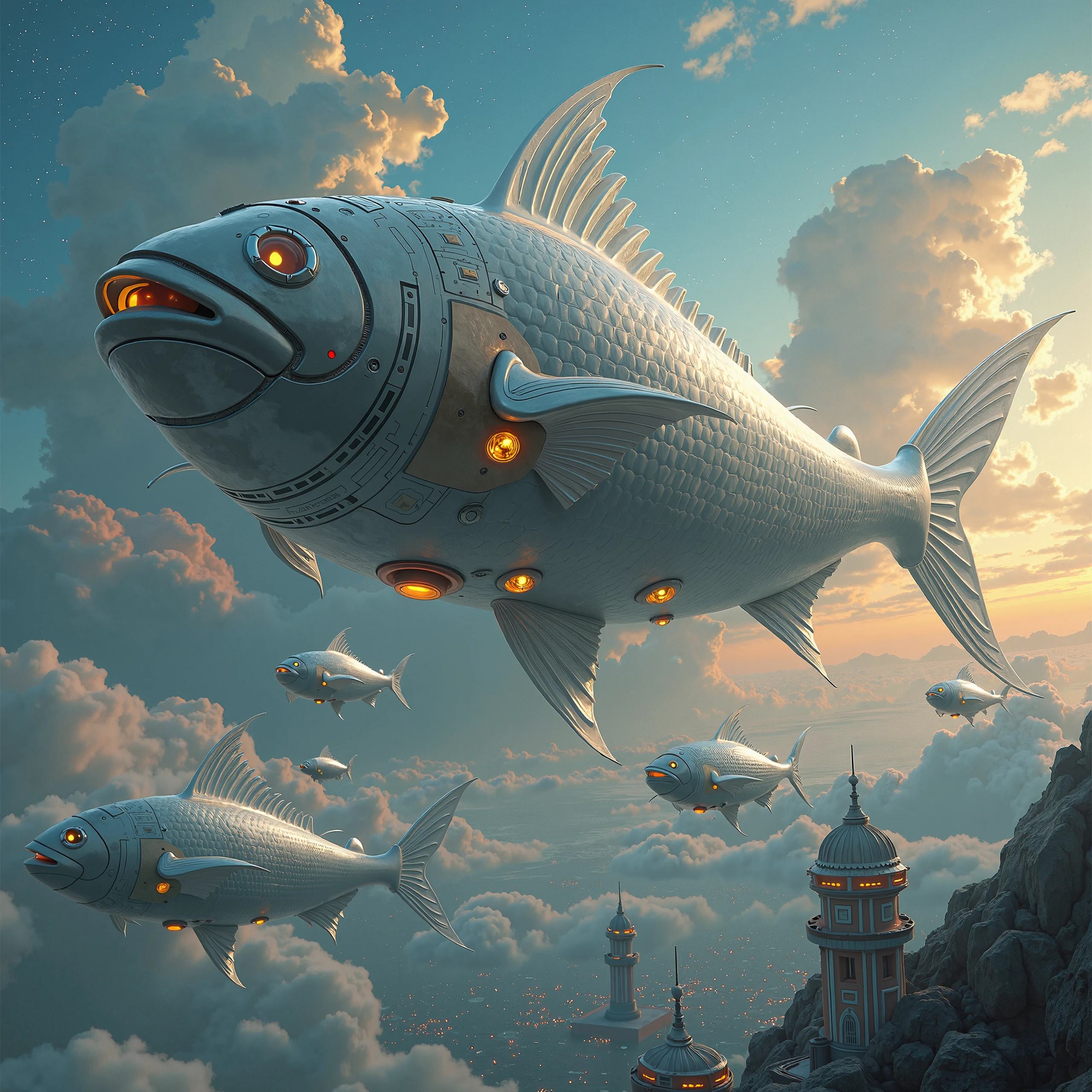 "A futuristic scene where enormous spaceships are designed to resemble fish, with sleek, metallic bodies and glowing lights. These fish-shaped ships have flowing, metallic fins that move gracefully, propelling them through the sky like ocean creatures swimming through air. Their bodies shimmer with metallic scales, and some have bioluminescent patterns along their sides, glowing softly. The spaceships hover through a futuristic city with floating platforms and glowing towers, with trails of light following their movement. The ships' eyes are glowing sensors, and some ships have small windows, showing passengers inside. The backdrop is a vibrant, colorful sky filled with clouds and distant stars."