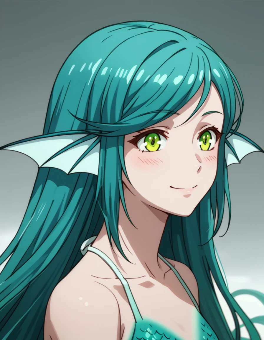 Mimily, very long hair, green eyes, bikini, green hair, aqua hair, swept bangs, monster girl, fins, mermaid, head fins, score_9, score_8_up, score_7_up, score_6_up, score_5_up, score_4_up, source_anime  <lora:LandofLeadale:1> soft smile, portrait