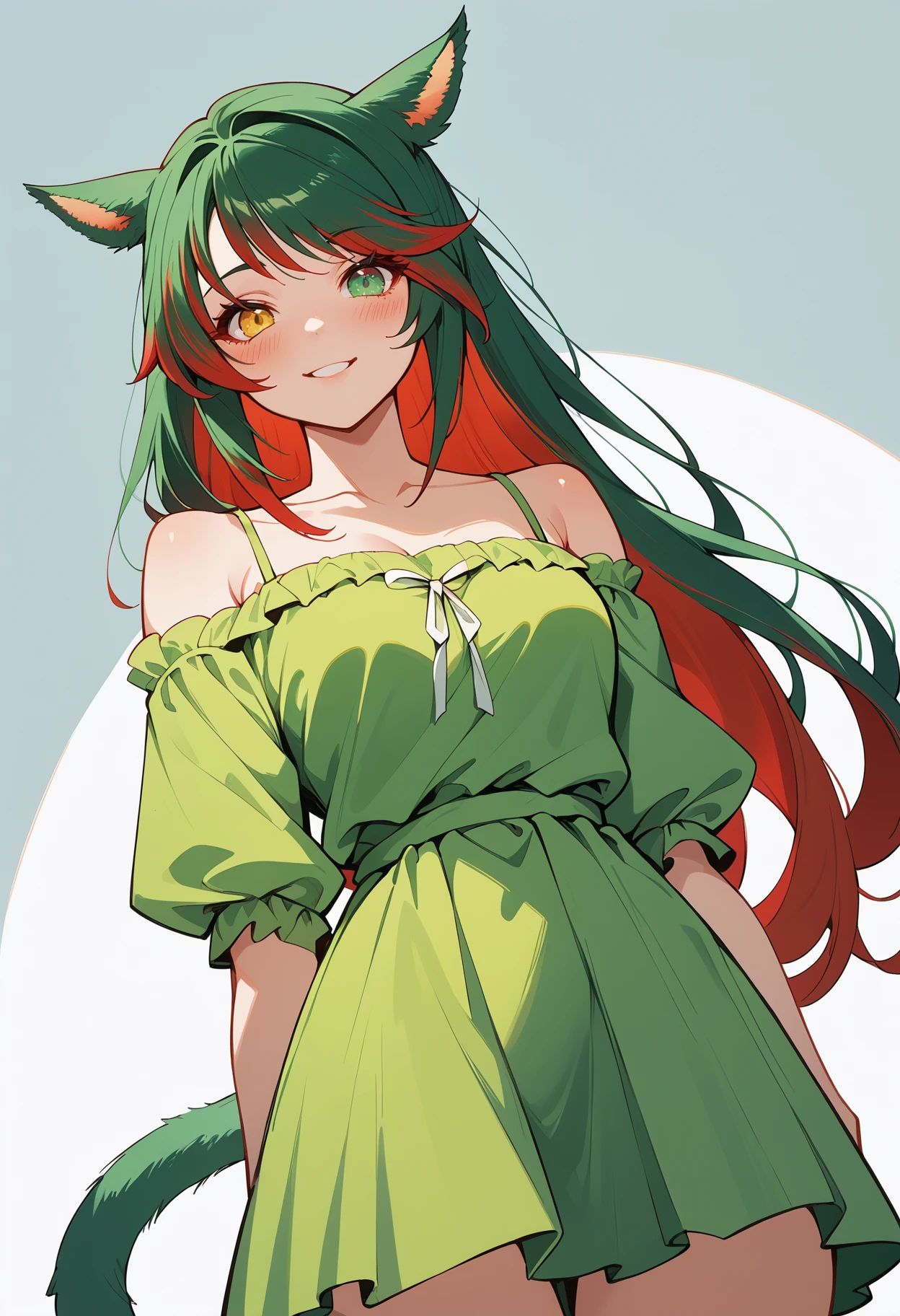 score_9, score_8_up, score_7_up, miqo'te, green hair, red hair, siriha, very long hair, blush, two-tone hair, tail, heterochromia, yellow eyes, green eyes, date, off-shoulder dress, angle shot, looking at viewer, smile
<lora:miqote siri (pony) v1:1.0>