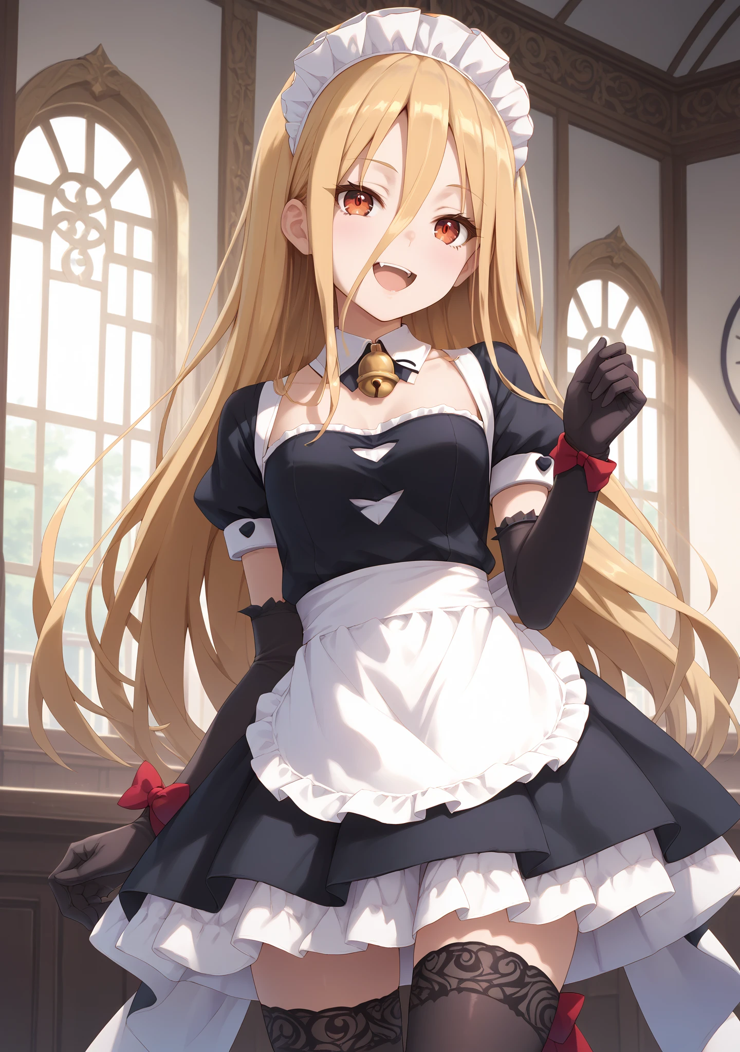 score_9, score_8_up, score_7_up, score_6_up, score_5_up, score_4_up, Evileye, solo, thighhighs, maid headdress, maid, black thighhighs, red_eyes, zettai ryouiki, open mouth, tsurime, apron, elbow gloves, skirt, black gloves, smile, detached collar, maid apron, enmaided, :d, short sleeves, bow, bell, jewelry, indoors, <lora:Evileye_V1(SDXL):1> <lora:hand 4:1>, Hand, detailed, perfect, perfection, hands,