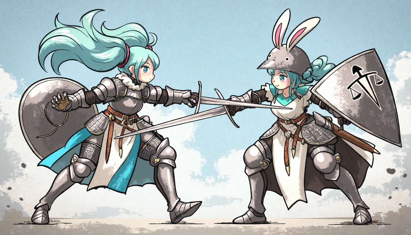 two girl in armor, one girl is Hatsune Miku wearing an armor with a long blue hair with 2 twintails hair, she have metal gloves and metal boots, she is holding a sword and a large shield, the other girl is pekora wwith her rabbit ears and light blue hair with braids, she is also wwearing an armor with metal glove and boot, they are fighting eachother in a duel,