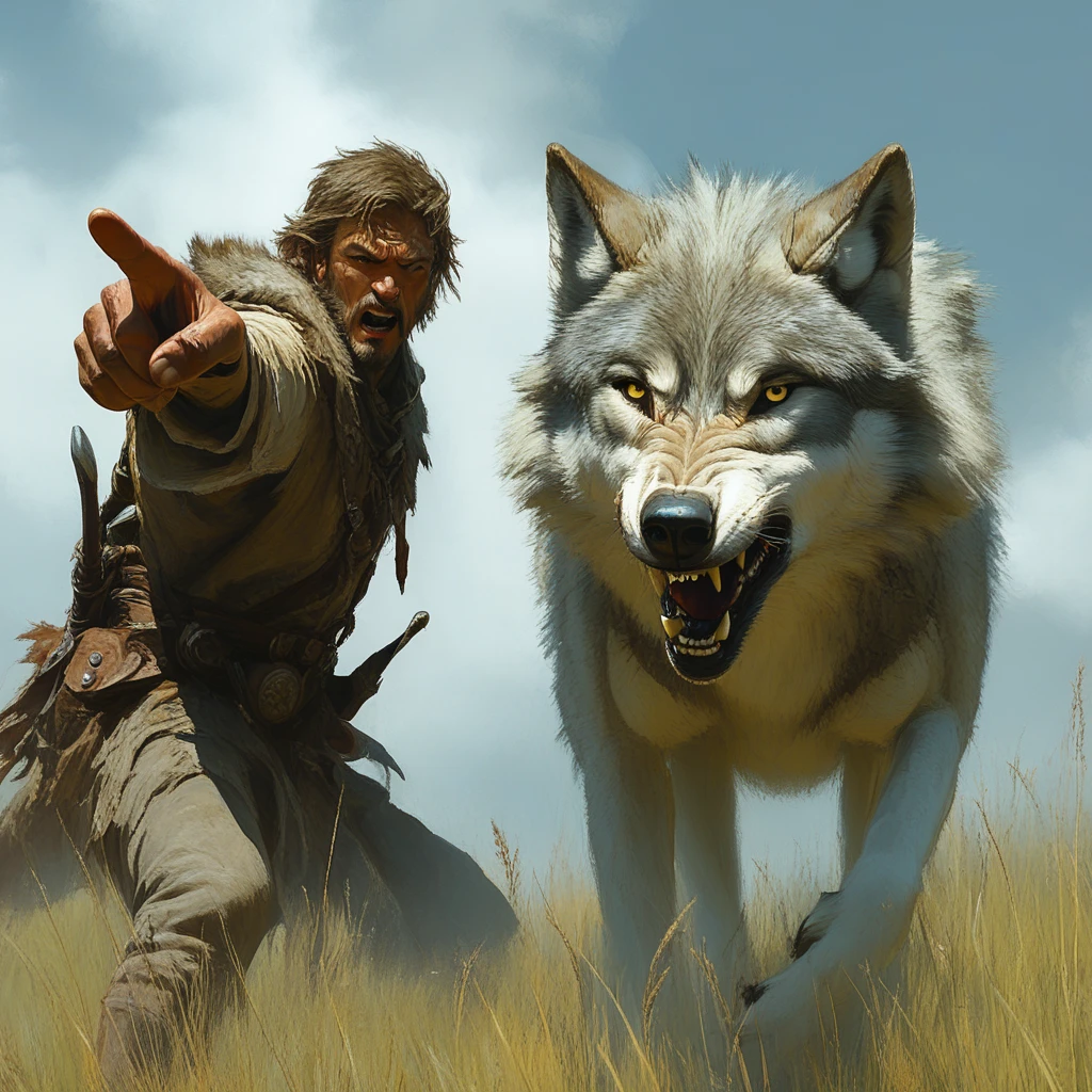 Wolf and Ranger, 1man, Pointing, Charging, grasslands background