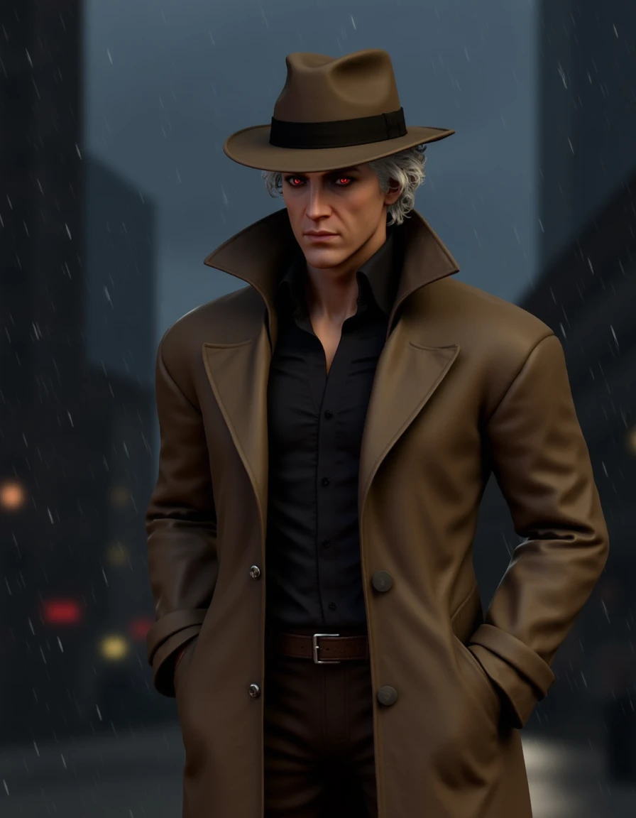 <lora:Astarion_Baldurs_Gate_3-000011:1>, BG3_Astarion wearing long tan trenchcoat and 1950s style fedora, looking at viewer, red eyes, hands in pockets, dark city in the rain, white hair